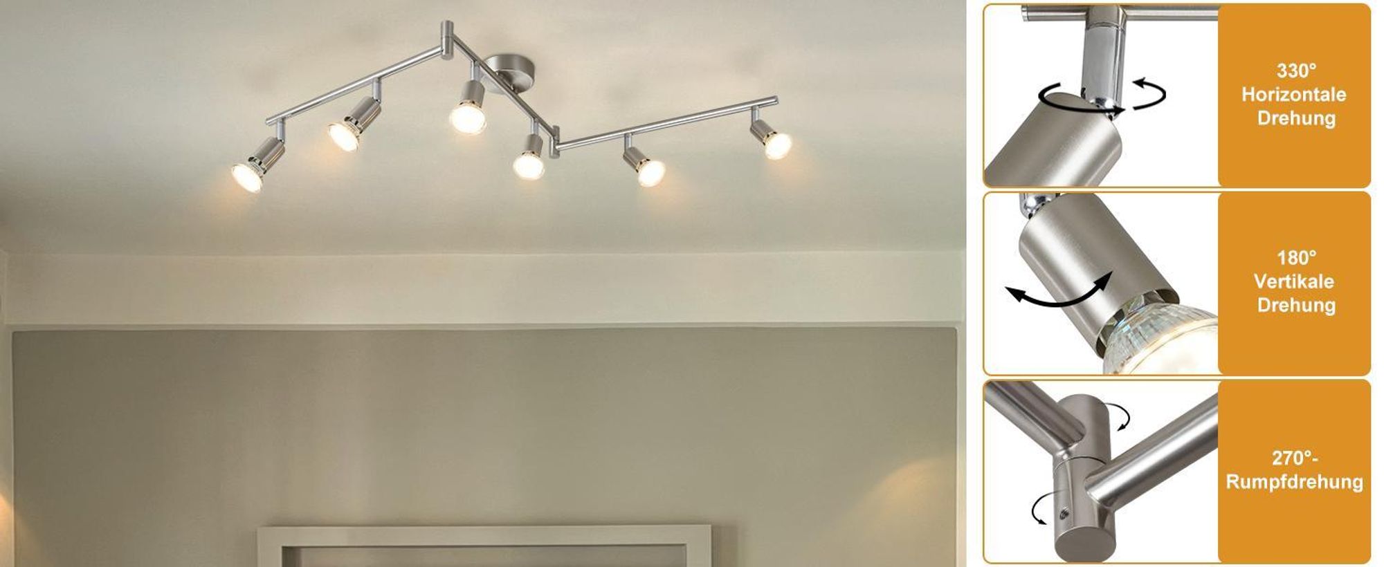 ZMH LED Deckenstrahler 6 Flammig Wohnzimmer - Deckenleuchte Modern Deckenlampe GU10 Deckenspot Schwenkbar 350°Drehbar Spot Strahler Lampe Edelstahl Decke Schlafzimmer innen Ohne Leuchtmittel
