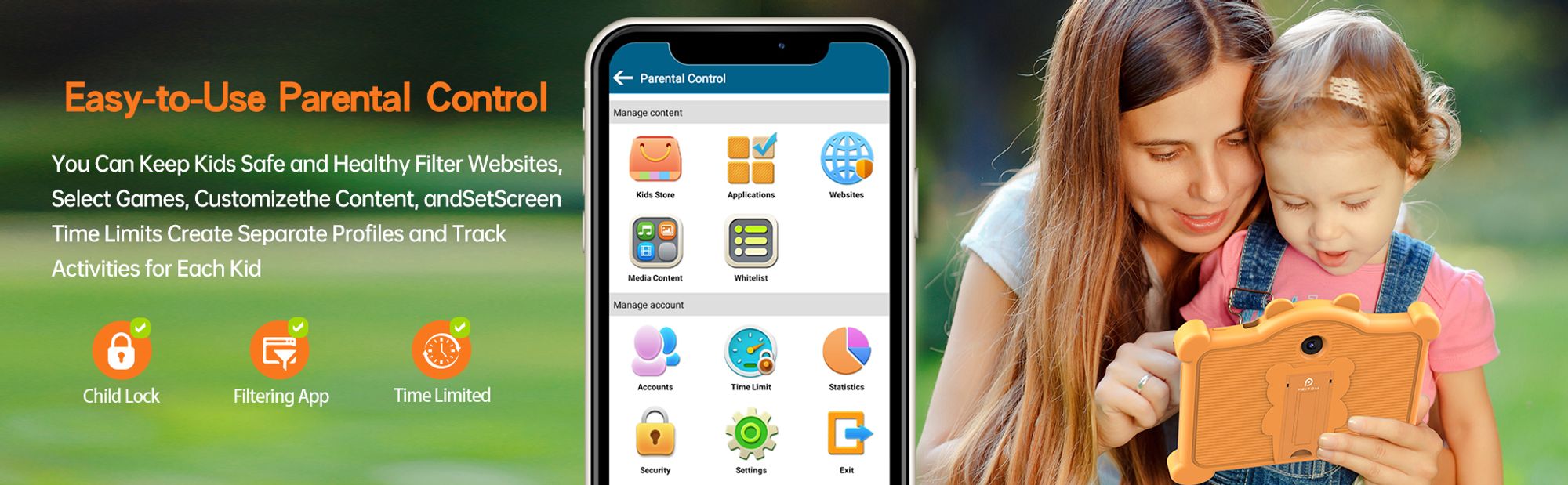 7-Zoll-Kleinkind-Tablet für Kinder Android 11 2 GB RAM 32 GB ROM installierte Kindersoftware, mit bärenförmiger Schutzhülle, Orange