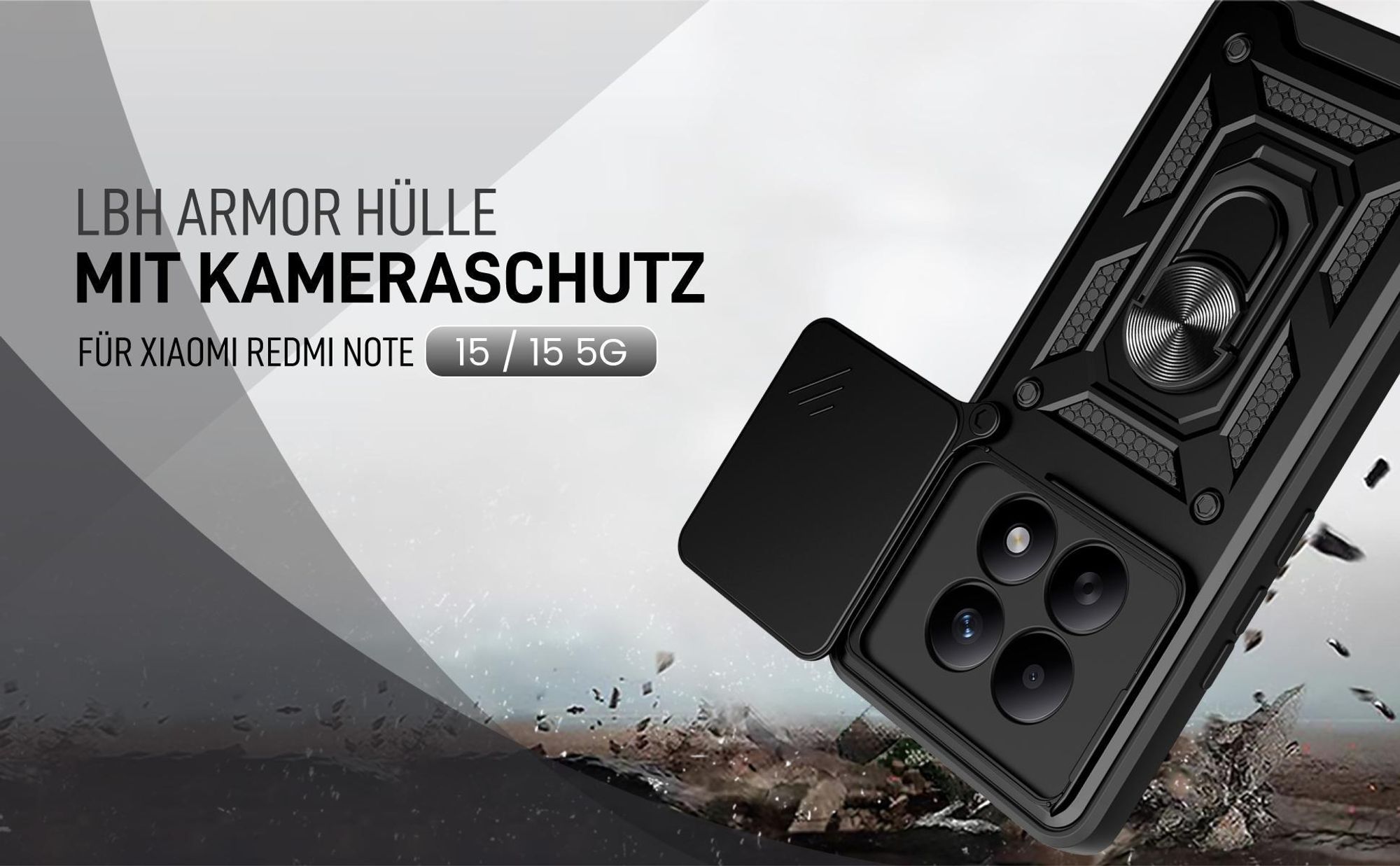 Schwarze Outdoorhülle mit Kameraschutz für Xiaomi Redmi Note 15 / 15 5G