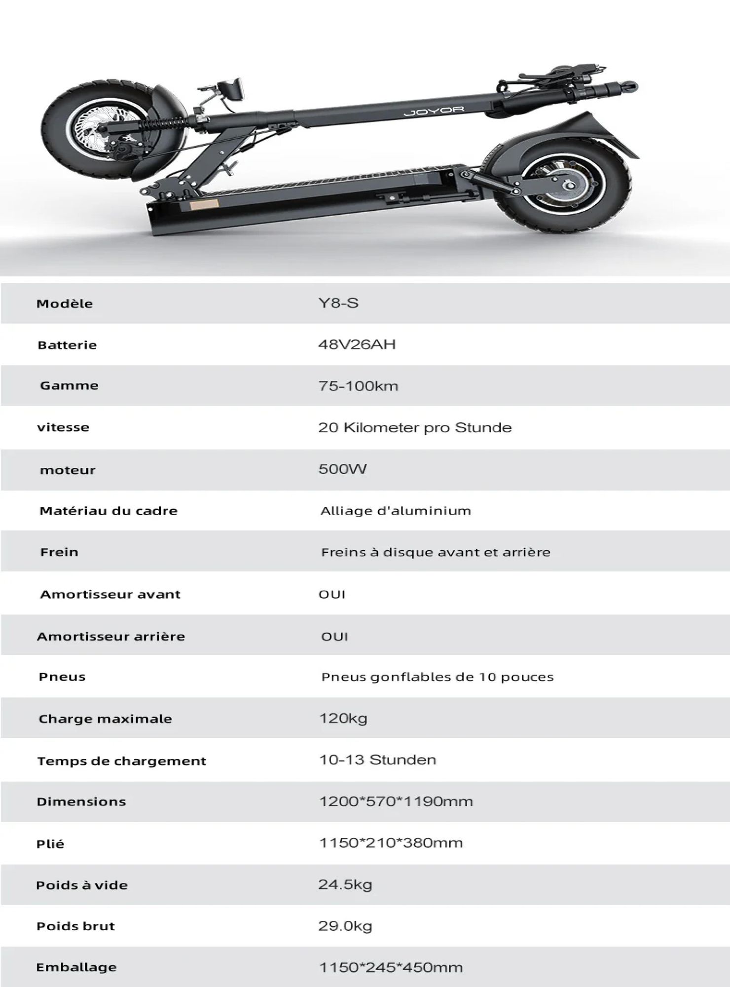 JOYOR Y8-S ABE Certified Pliable Trottinette électrique - Moteur 500W Batterie 48V26AH Pneus de 10 Pouces - Noir