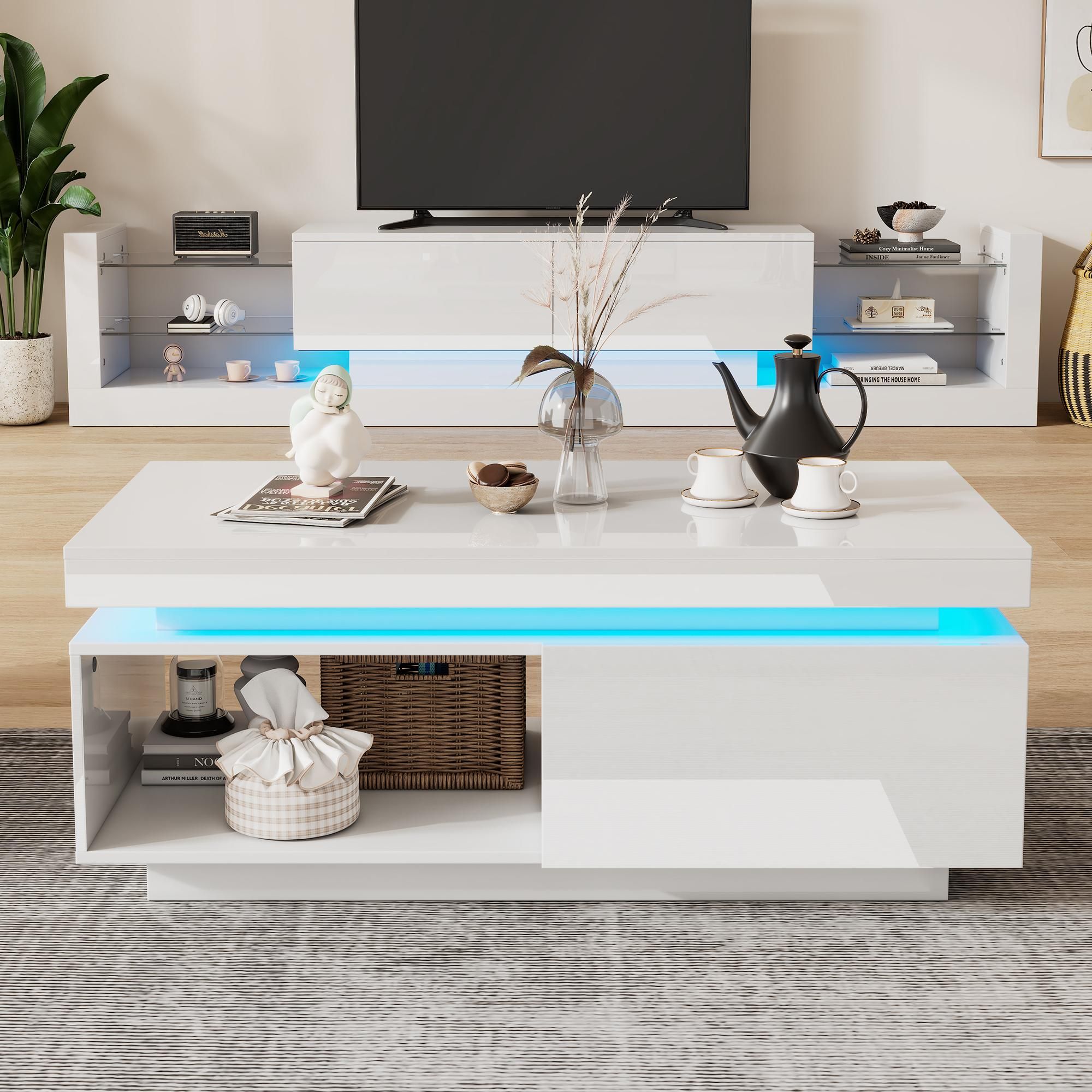 STILVORA Couchtische, Beistelltische, Wohnzimmertisch, Hochglanz Satztisch mit LED-Licht,Rechteckiger-Beistelltisch Kaffeetisch mit Schubladen, Weiß