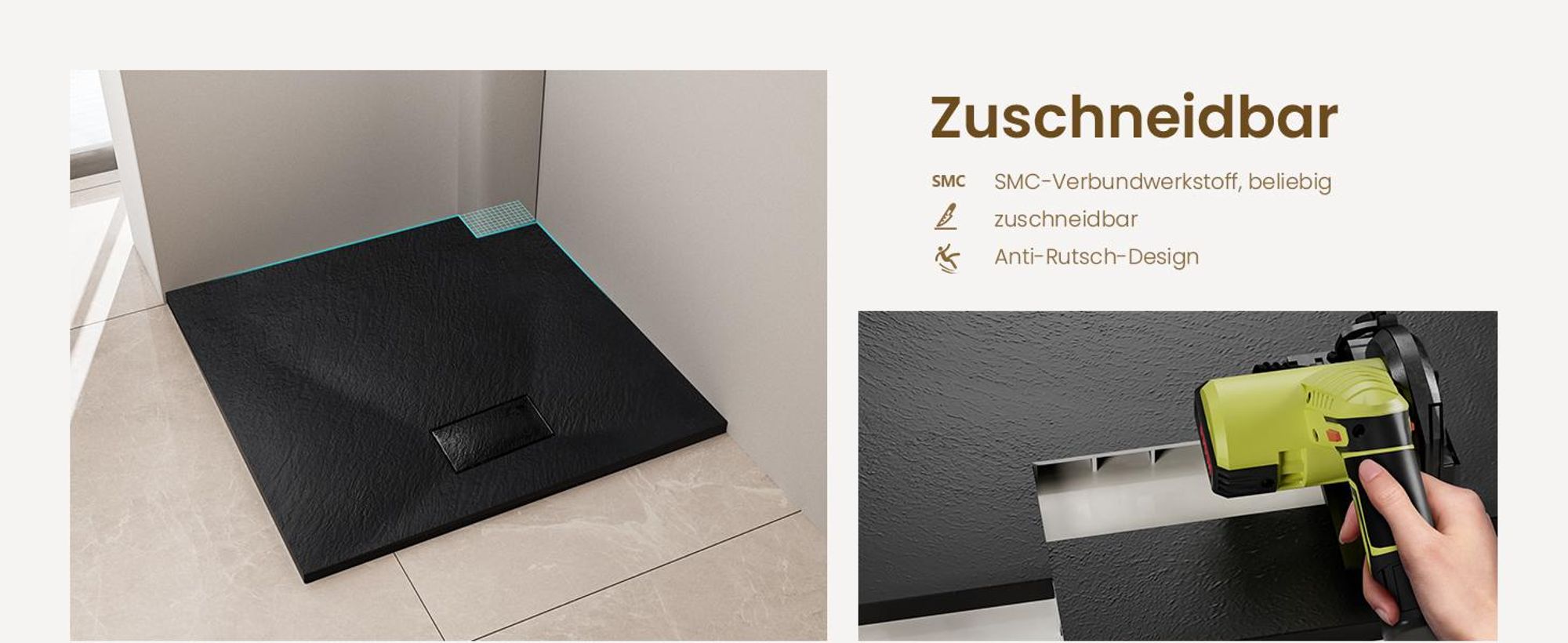 EMKE Duschwanne Flach Quadratisch 90x90cm Duschtasse mit Rutschfeste Struktur in Schwarz Steinoptik