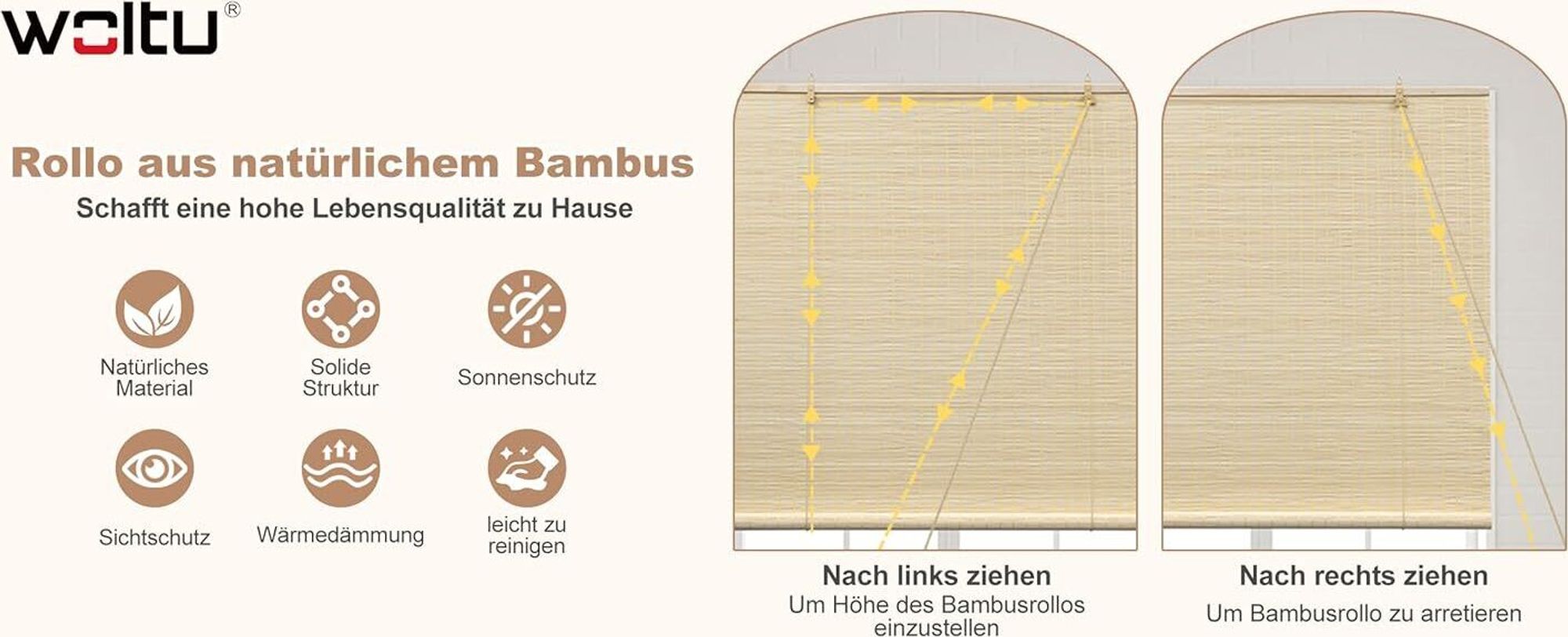 WOLTU Bambusrollo Sonnenschutz Sichtschutz, Seitenzugrollo Lichtfilter Belüftung, Natur, 60X220cm(BxH)
