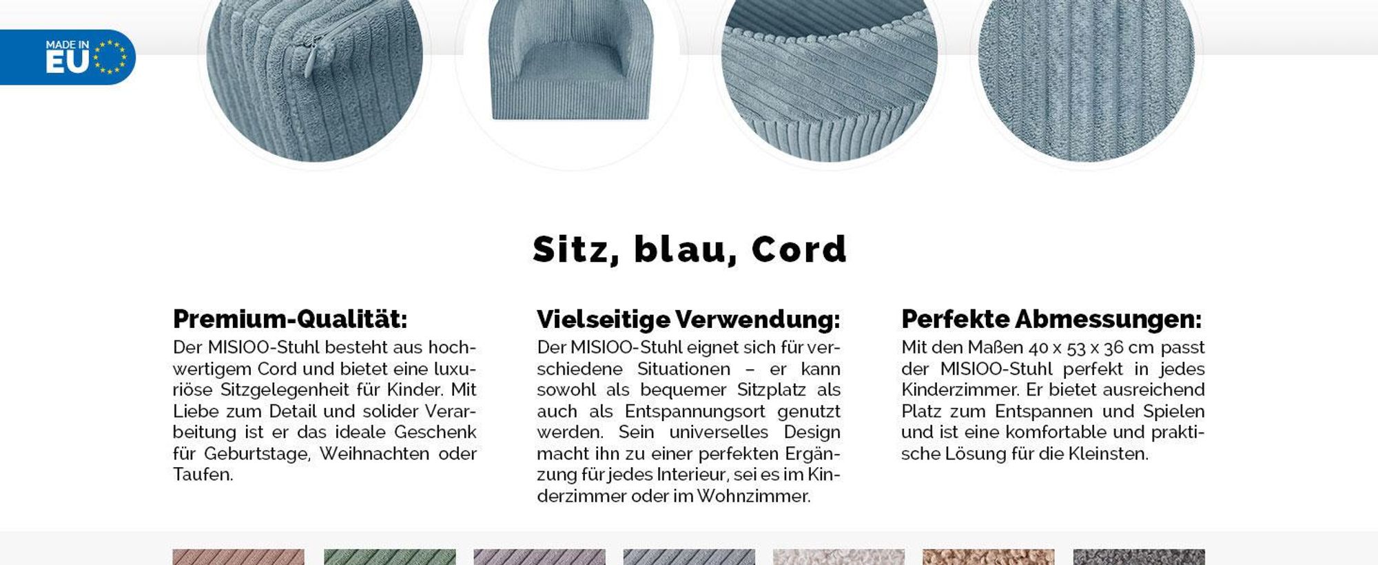 MISIOO Kindersessel Ab 1 Jahr – Corduroy Premium Sessel Kinder - Stabil Und Weich - Ergonomisch Gepolstert - 40x53x36 cm