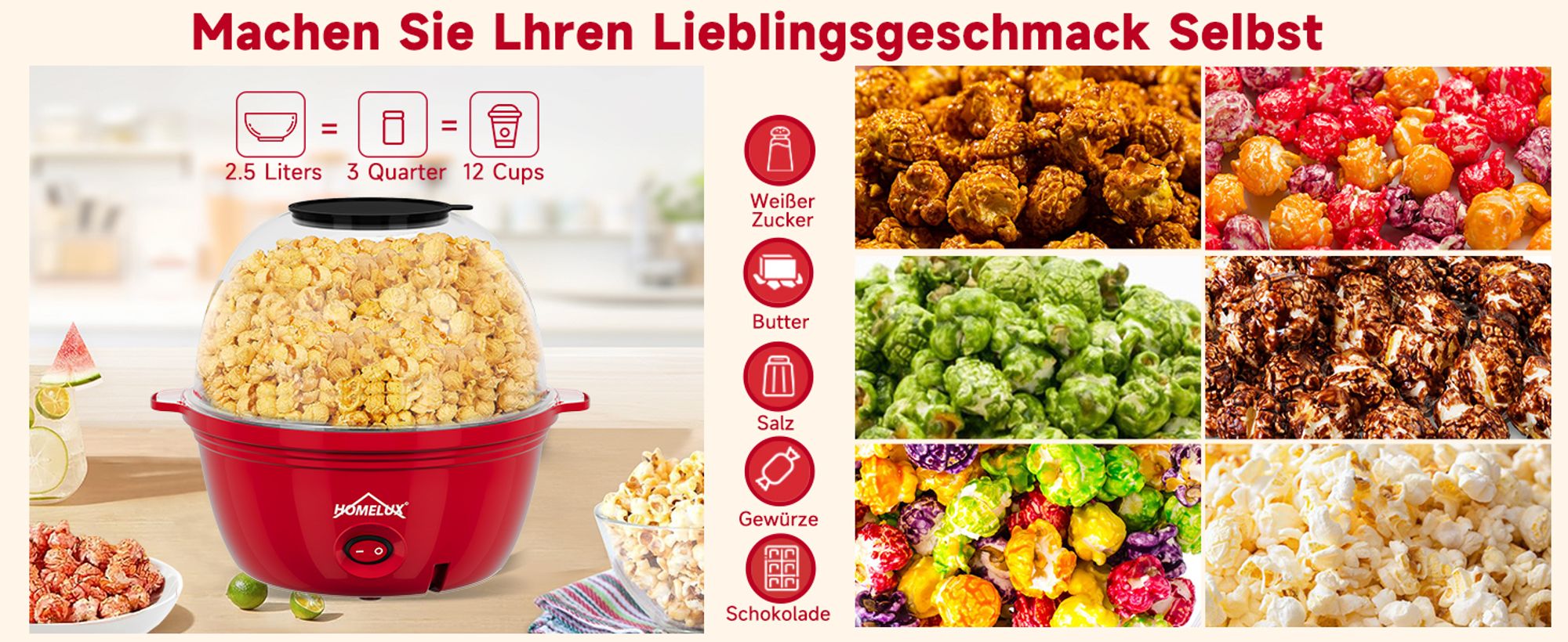 HOMELUX Popcornmaschine Popcorn Maker 450W Mini Popcorn Maschine inkl. Messlöffel Antihaftbeschichtung Gesunder Snack Popper Ohne Fett Öl Für Zuhause