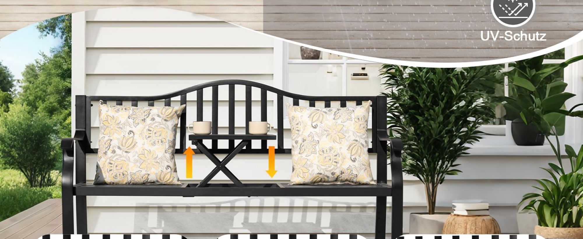 Avestar Gartenbank Outdoor Terrassenbank, E-beschichteter Metallrahmen Parkbank mit integriertem kleinen Tisch, Schwarz