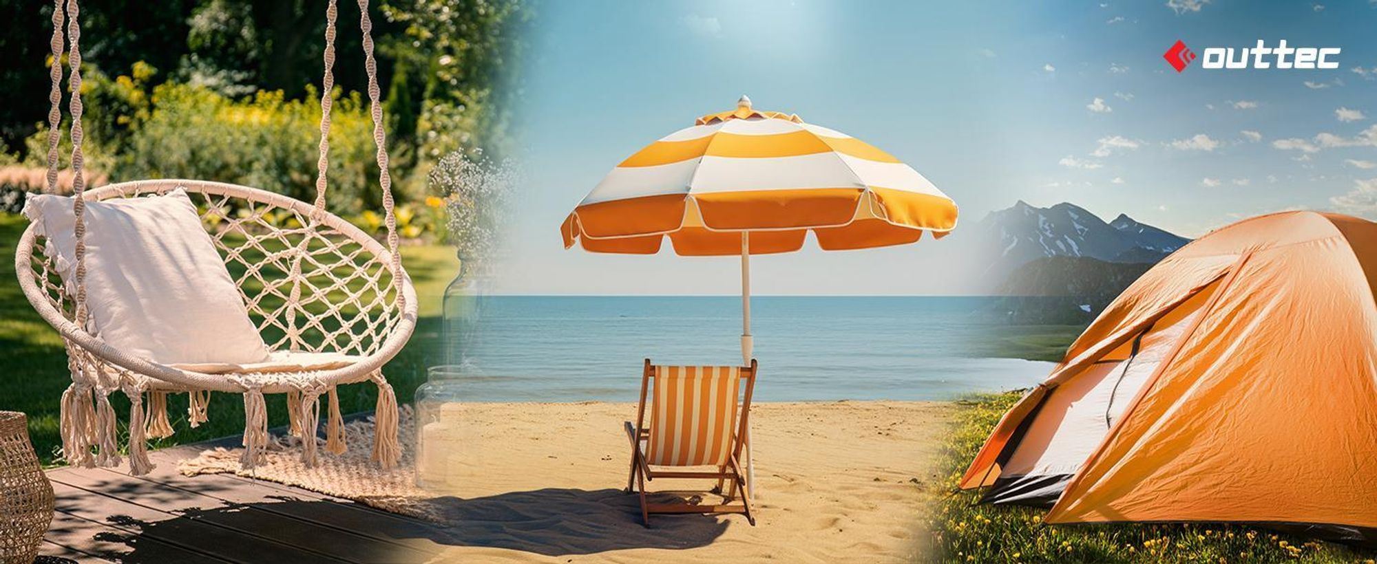 Hängesessel, Sonnenschirm am Strand, orangefarbenes Zelt vor Bergen. Outtec Logo.