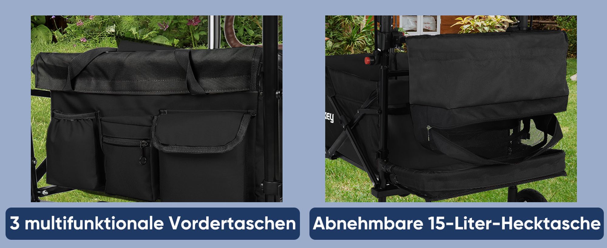 Sekey Bollerwagen Faltbar mit Dach und Sitz, Bollerwagen für 2 Kinder, mit 3-Punkt Gurtsystem, Schwarz