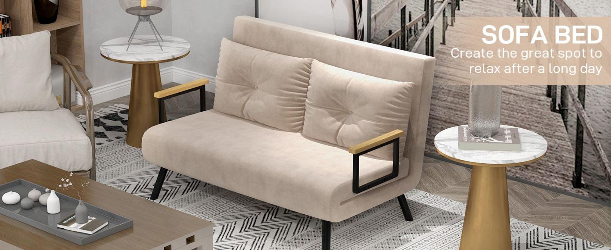 Sofa rozkładana HOMCOM 4 w 1, 2-osobowa sofa z funkcją spania, 183 x 98,5 cm, rozkładana sofa z 5-poziomową regulacją oparcia, poduszką lędźwiową i aksamitnym wykończeniem do salonu, beżowa