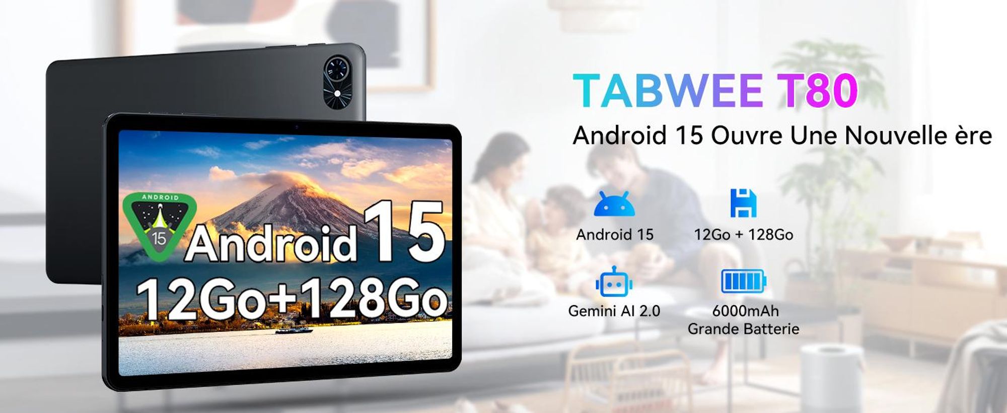 Tablette KOBONA-TABWEE T80 10 pouces, Android 16, 128 Go de mémoire interne, résolution HD 1280 x 800, batterie 6000 mAh, appareil photo 5 Mpx, Wi-Fi 5G, Bluetooth, tablette Gemini AI