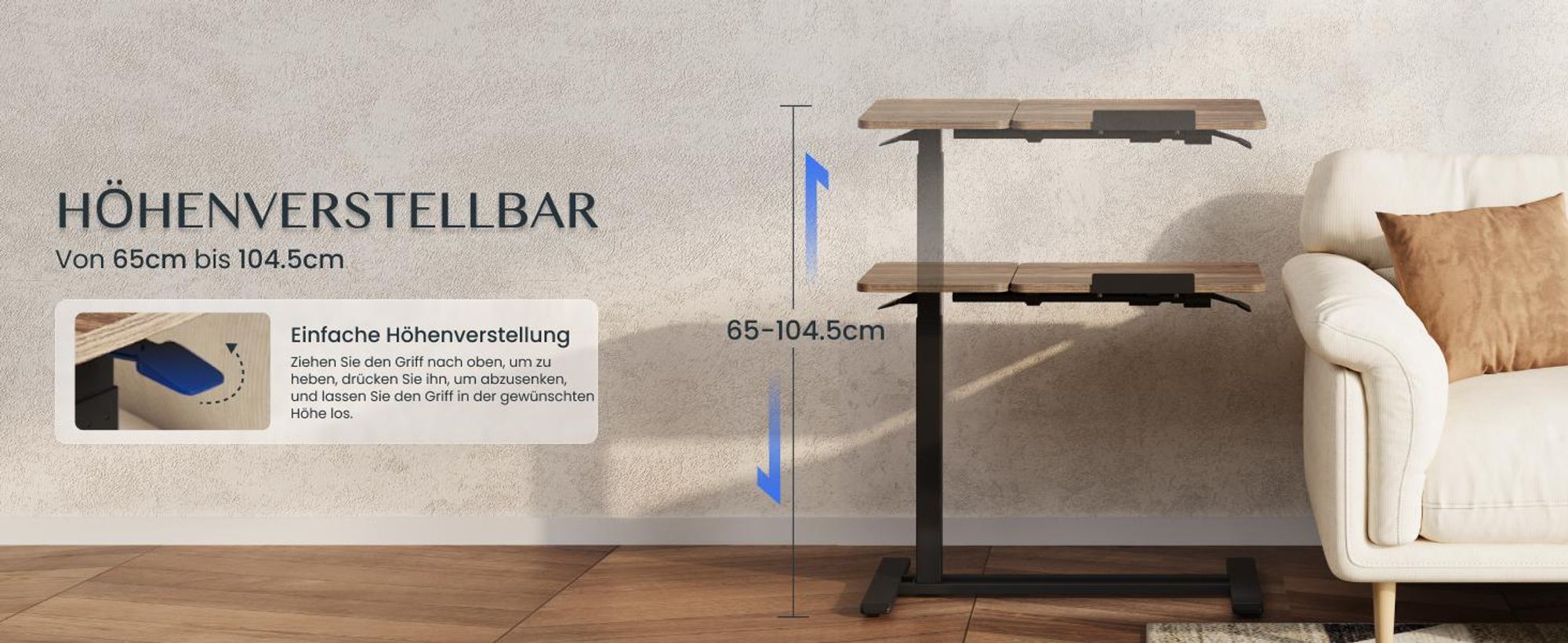 FLEXISPOT Beistelltisch Höhenverstellbar 80x40cm Laptoptisch mit Neigbarer Desktop, Betttisch mit Rollen, für Wohnzimmer und Schlafzimmer, Braun