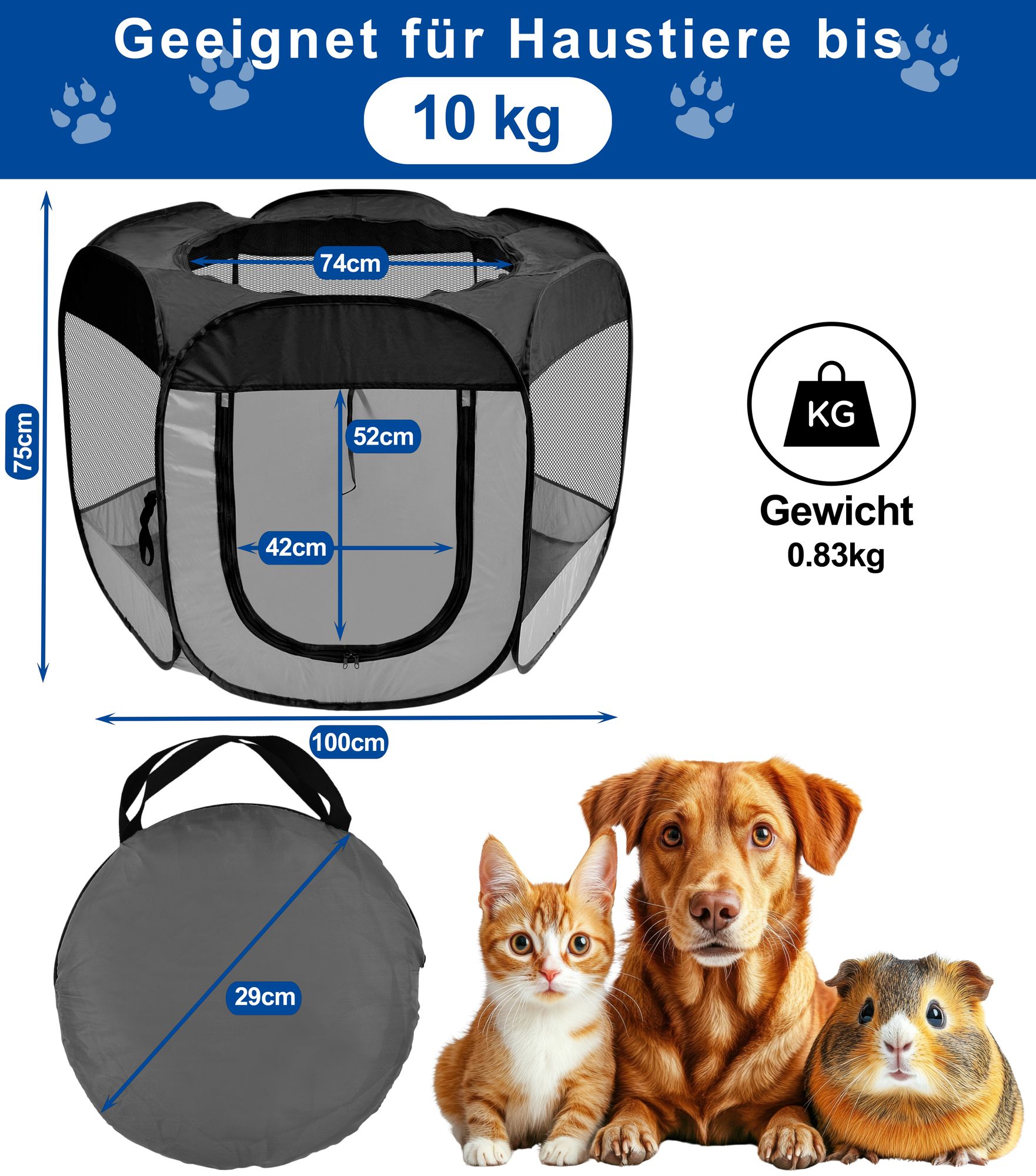 Welpenauslauf faltbar aus Nylon& atmungsaktivem Netzstoff, Ø 100cm, Höhe 75 cm, Laufstall für innen & außen Pop-up-System, inkl. Tragetasche