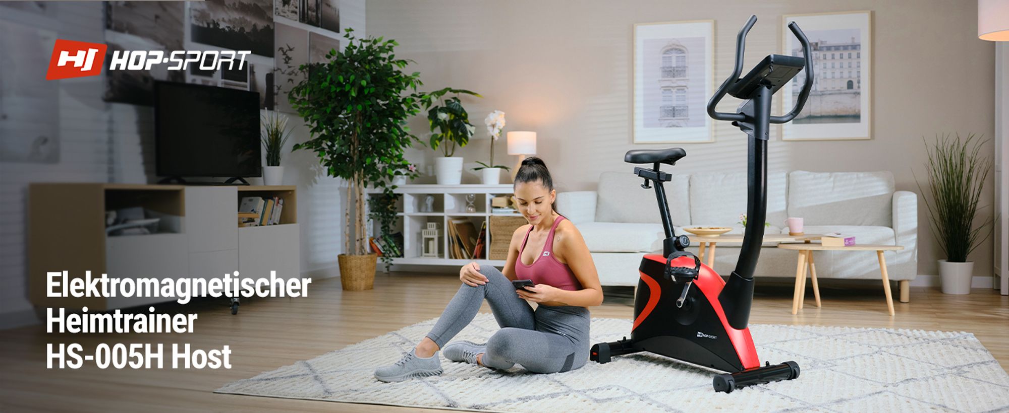 Hop-Sport Heimtrainer Fahrrad Host Rot - Ergometer mit App-Steuerung, 12 Trainingsprogrammen & 16 computergesteuerten Widerstandsstufen, Pulsmessung