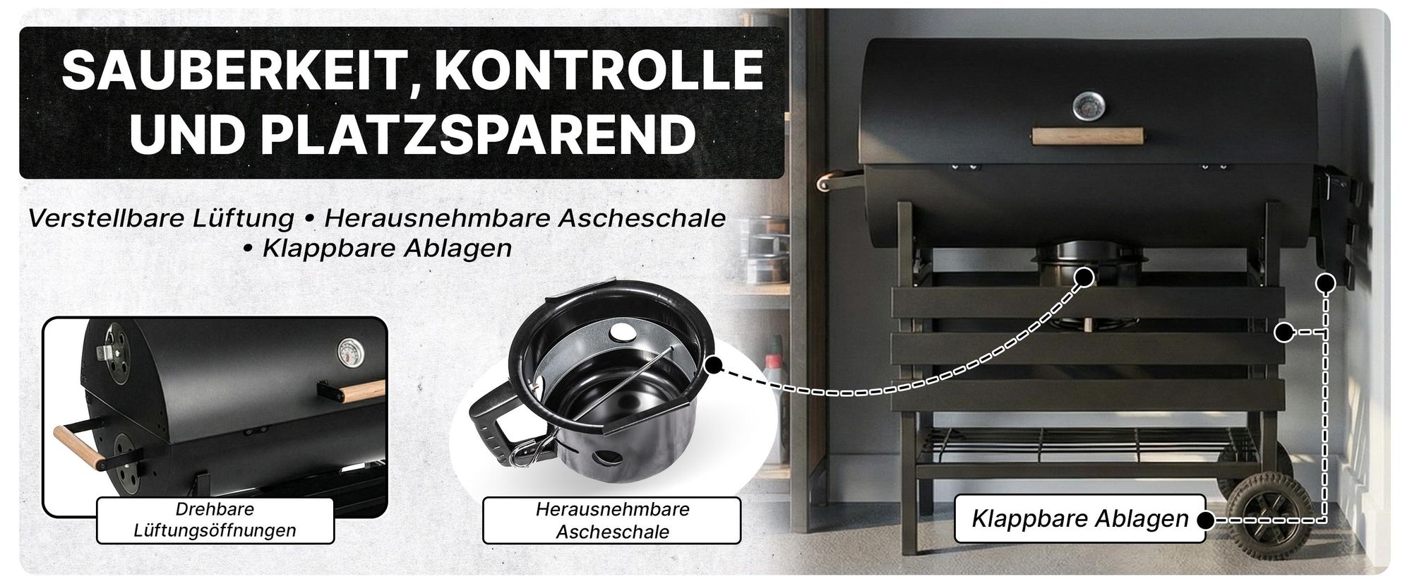 Grill & Chill Gartengrill, Holzkohlegrill - großer Chromrost 71×35 cm, Deckel, Aschekasten, Thermometer, Zwei Transporträder, GC0002