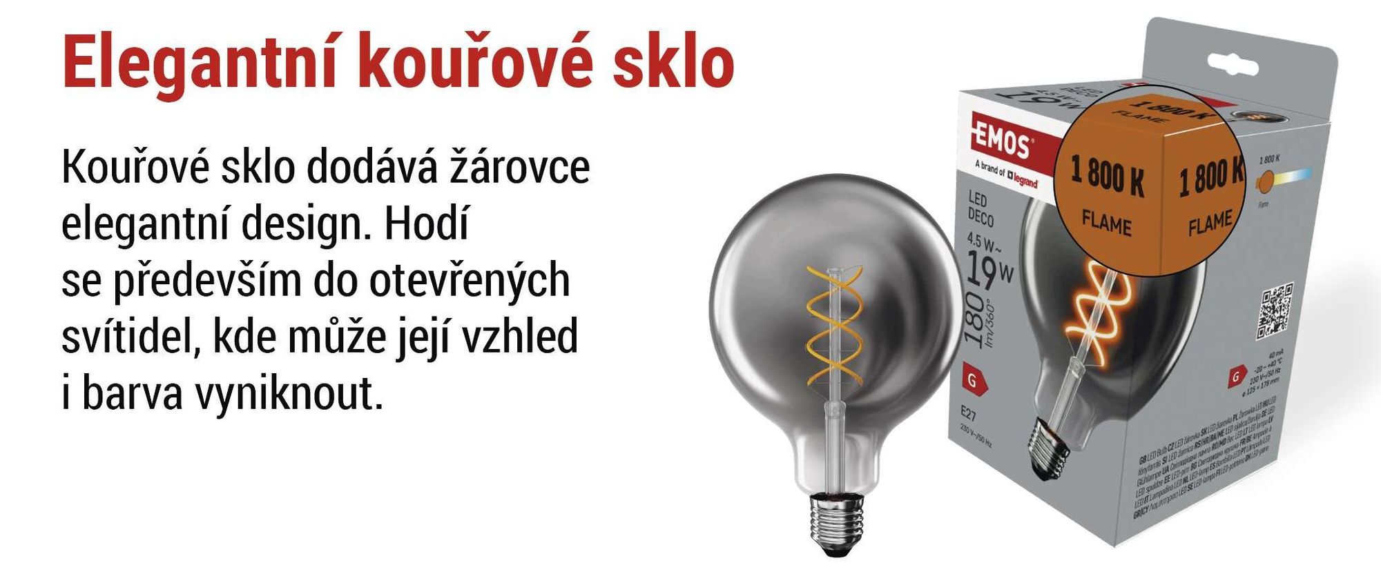 EMOS LED žárovka DECO SMOKED, 4,5W náhrada za 19W žárovku, patice E27, tvar Globe G125, jas 180lm, teplá bílá 1800K, kouřová barva, Z58311