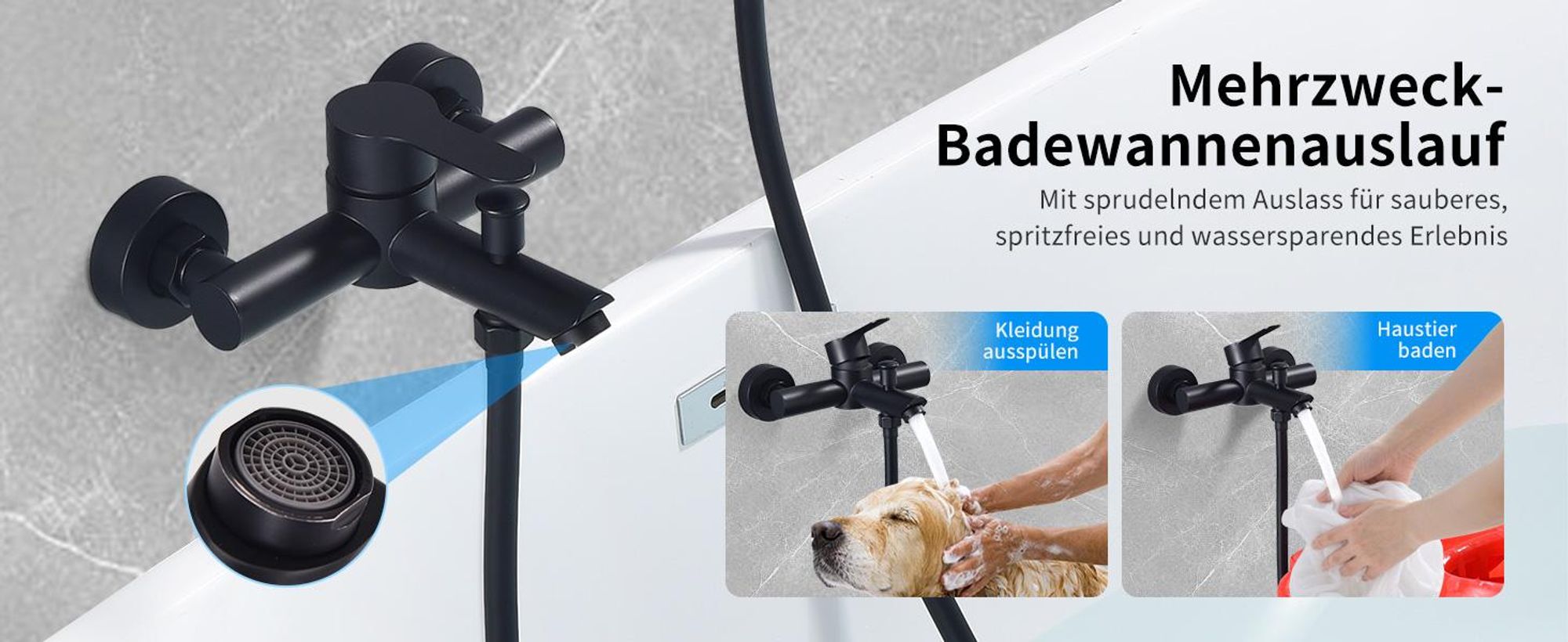 Homelody Badewannenarmatur Ohne Handbrause, Mischbatterie Badewanne Wandmontage, 2 Ausgänge Einhebelmischer Duscharmatur mit Wanneneinlauf, Schwarz