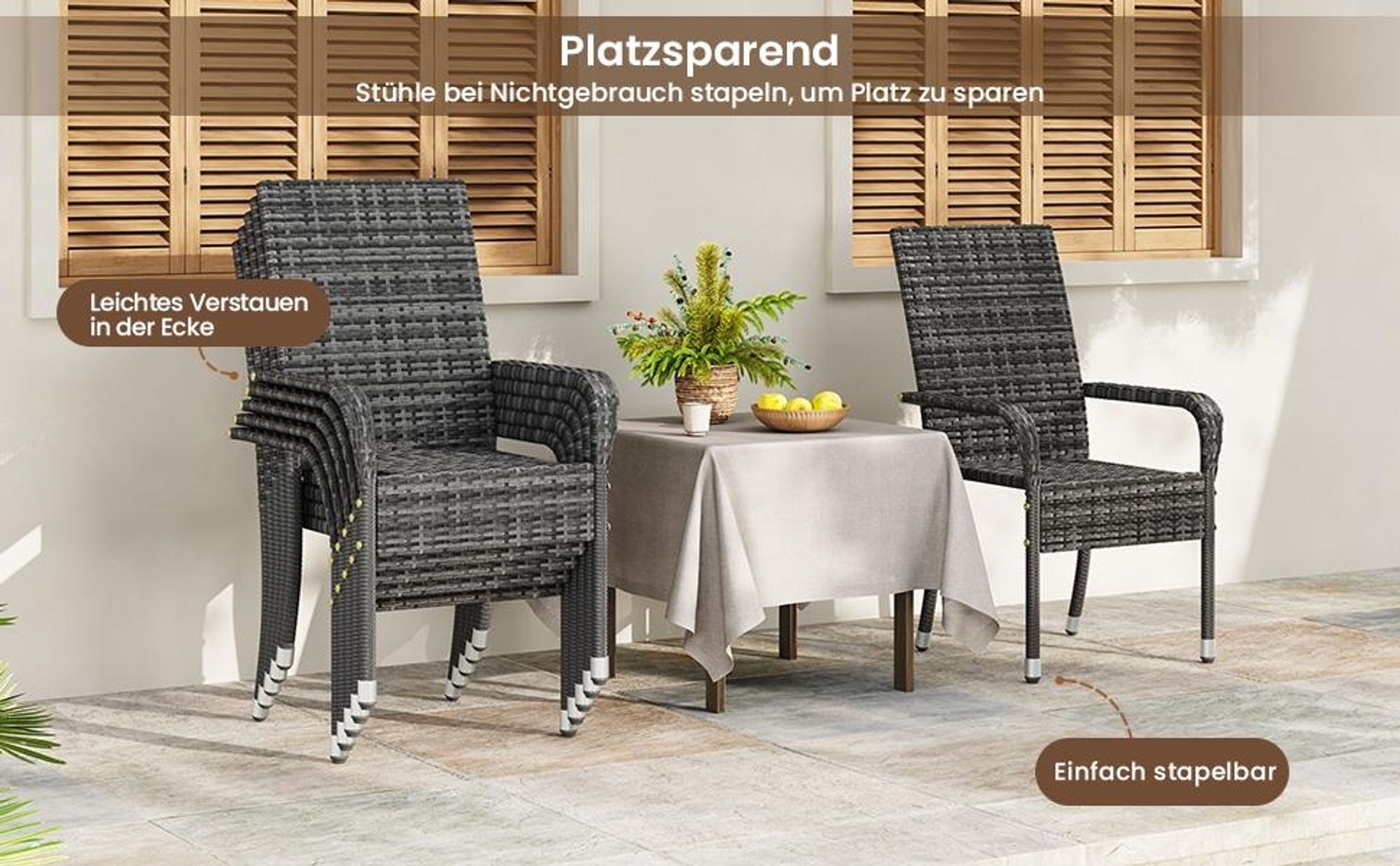Yaheetech 2er Set Gartenstuhl aus Polyrattan, stapelbare Rattan-Stühle, mit Armlehnen & Rückenlehne, verstellbare Schutzfüße, Grau
