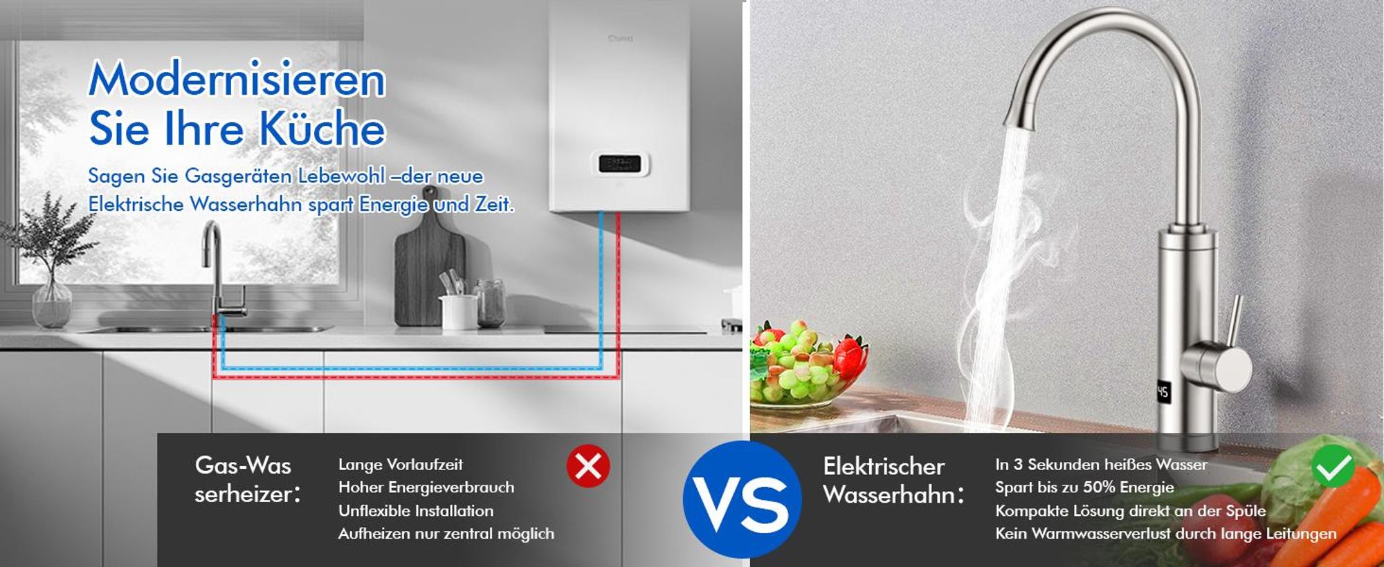 Homelody Elektrischer Wasserhahn mit Durchlauferhitzer, 230V 3300W Elektrischer Küchenarmatur mit LED Temperaturanzeige 360° Drehung SUS304 Edelstahl