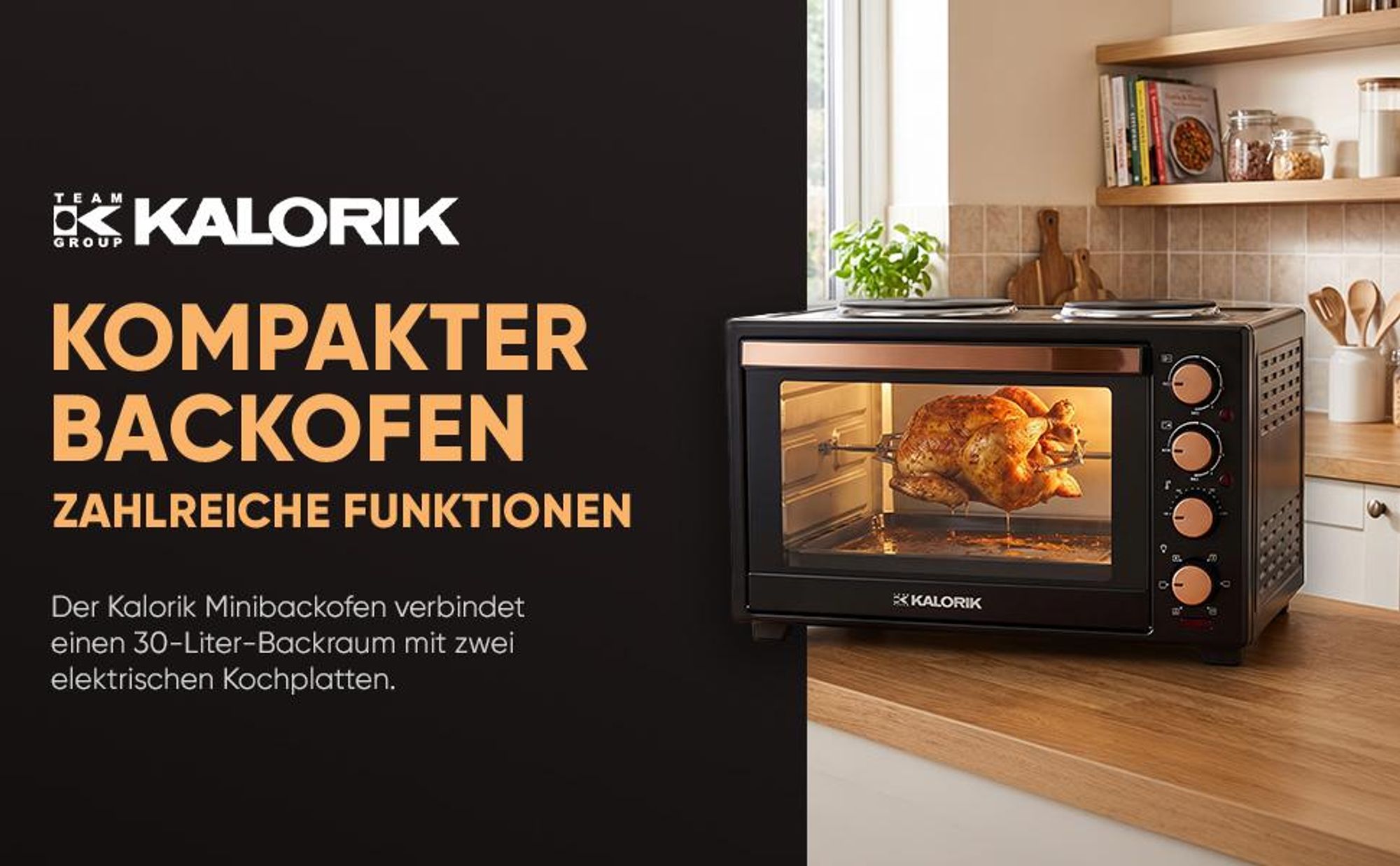 Minibackofen, 30 l, Heizplatten, Förderband, Drehspieß, 3300 W KALORIK