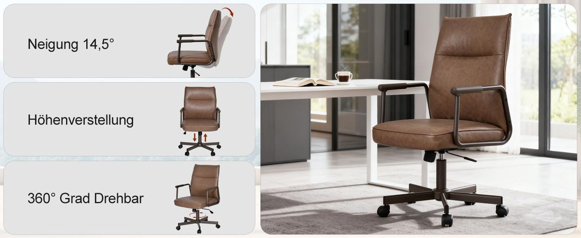 Duhome Schreibtischstuhl Ergonomisch Drehbar Bürostuhl Höhenverstellbar mit Armlehnen Drehstuhl mit Rollen für Büro Arbeitszimmer Office, Braun
