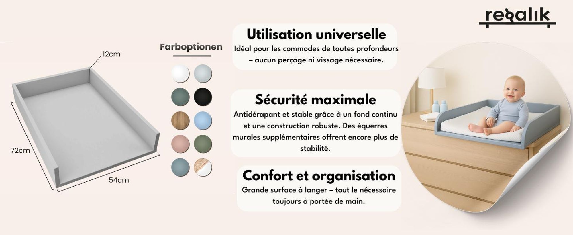 regalik Plan à Langer Universal, Extension pour Commode de Largeur Variable, Amovible, Plan à Langer avec Façades Arrondies, Oak