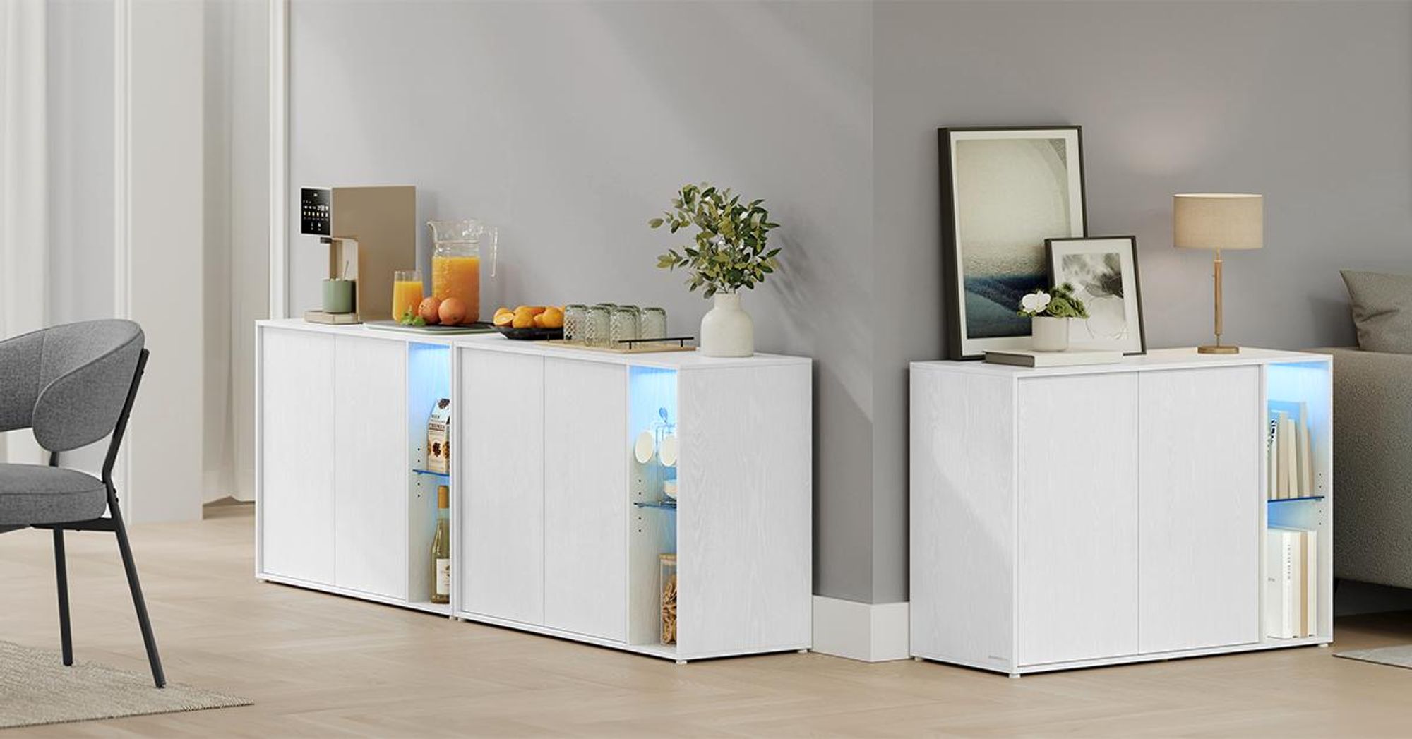 SONGMICS HOME Superschnelle werkzeuglose Montage, Sideboard mit Beleuchtung, Aufbewahrungsschrank, TV-Schrank, Glasablage, Toolless-Technologie