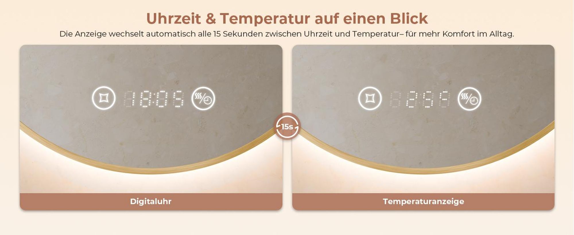S'AFIELINA Badspiegel mit Beleuchtung Rund 60 cm Diameter, LED Badspiegel mit Touch, Beschlagfrei, Dimmbar, Uhr, Temperatur, Speicherfunktion,Gold