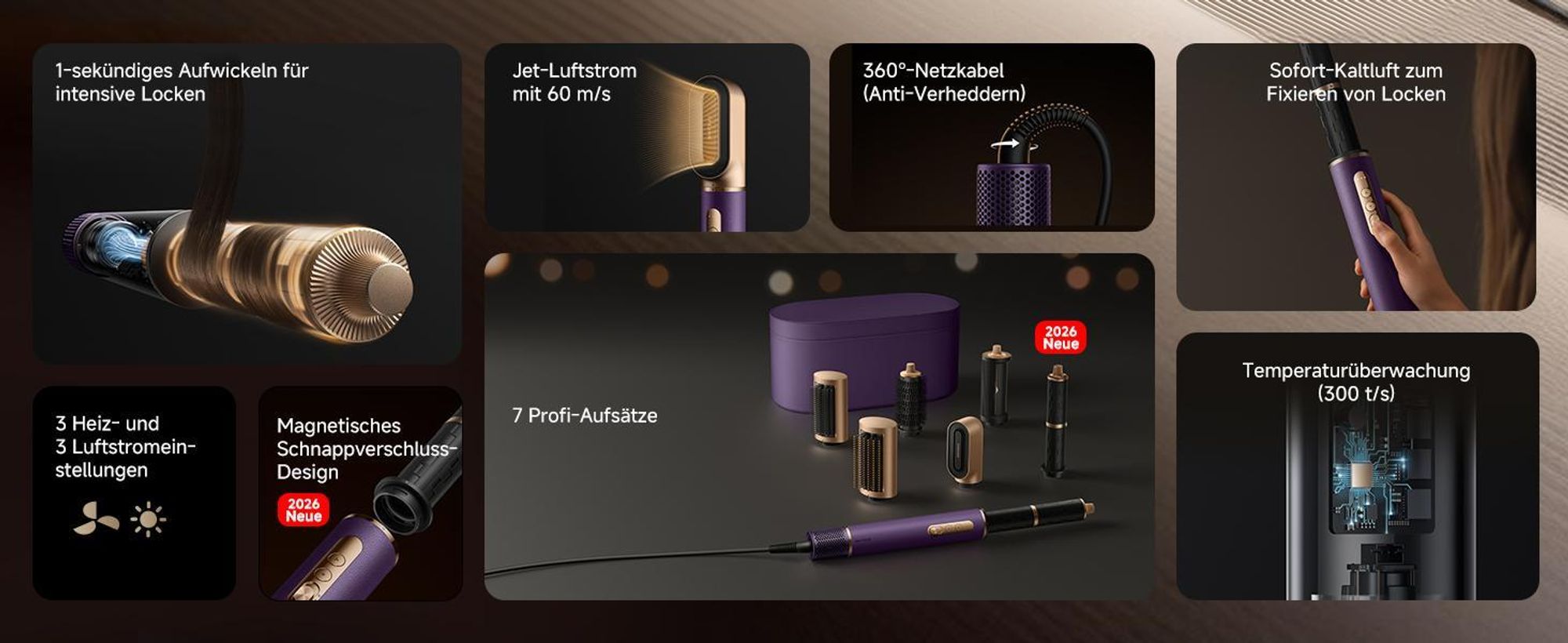 Dreame AirStyle Pro,7in1-Multistyler,Schnelltrocknend,2 Lockenaufsätze,Volumen für das Haar,glättende Bürste,Kräusel-Reduzierung,2026Neue Version,Lila