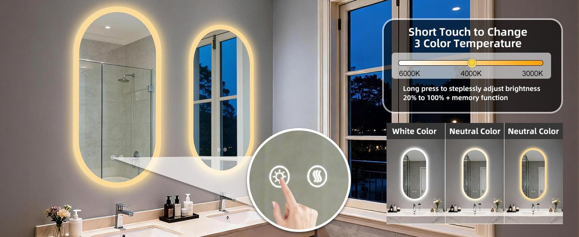 WISFOR LED Oval Spiegel 50x100cm, Badezimmerspiegel mit Touchschalter, Speicherfunktion, Anti-Beschlag