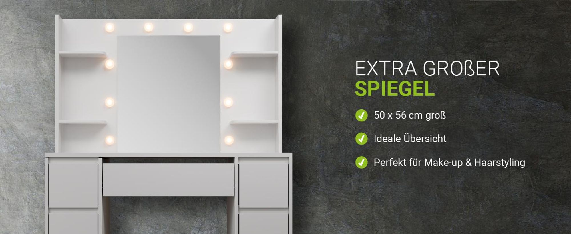 Juskys Schminktisch Malia und Hocker Tonia mit LED, 7 Schubladen & großem Spiegel – Weiß