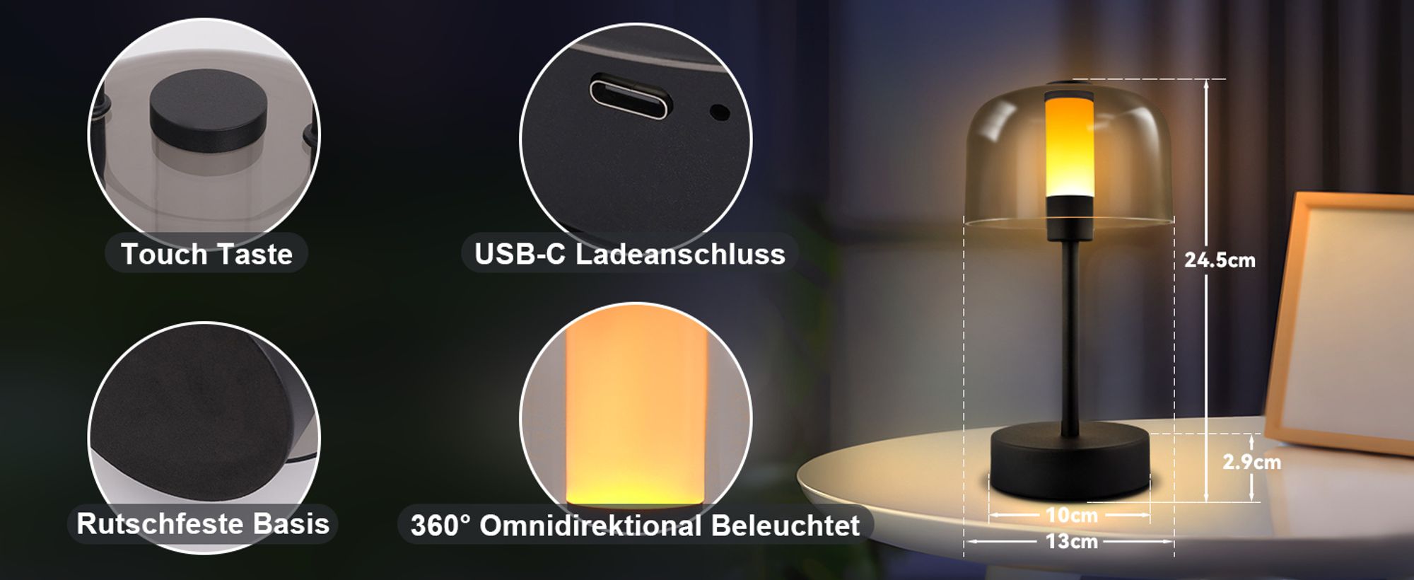 ZMH Nachttischlampe Akku LED Dimmbare Tischlampe Kabellos Tischleuchte USB-C Aufladbar 1800K-6500K Schwarz Touch Lampe mit Speicherfunktion für Schlafzimmer