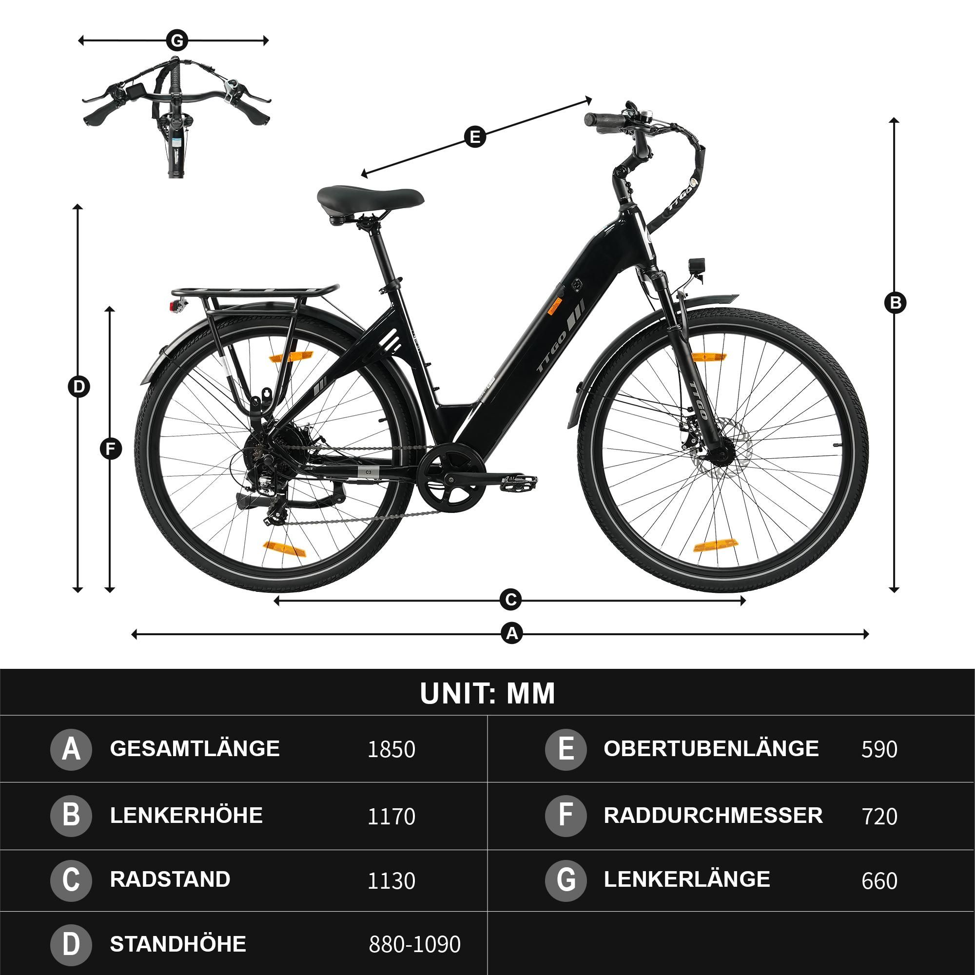 28'' 18Ah Elektrofahrrad E-Bike Pedelec Unisex 7Gang E-MTB E-Citybike, Elektrofahrrad 25KM/H für Damen und Herren ab 170 cm Schwarz Wasserdicht