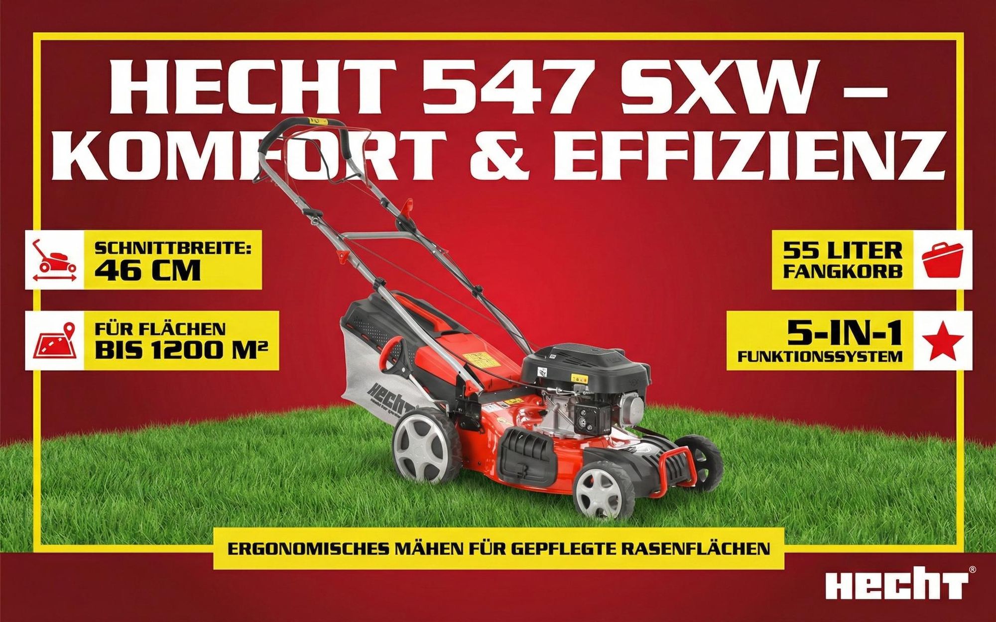 HECHT Rasenmäher Benzin mit Antrieb 547 SXW | 5in1 | 46 cm Schnittbreite | 5,5 PS | Mulchkit | 55 L Fangkorb