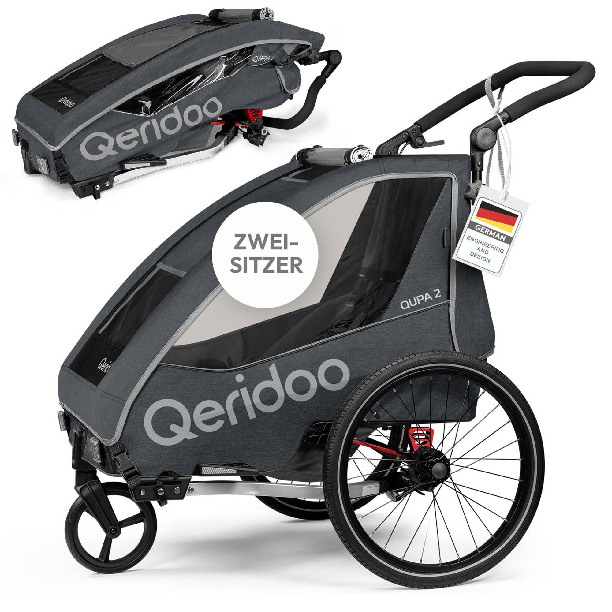 Qeridoo QUPA 2 - Kinderfahrradanhänger für 2 Kinder, Farbe: Grey