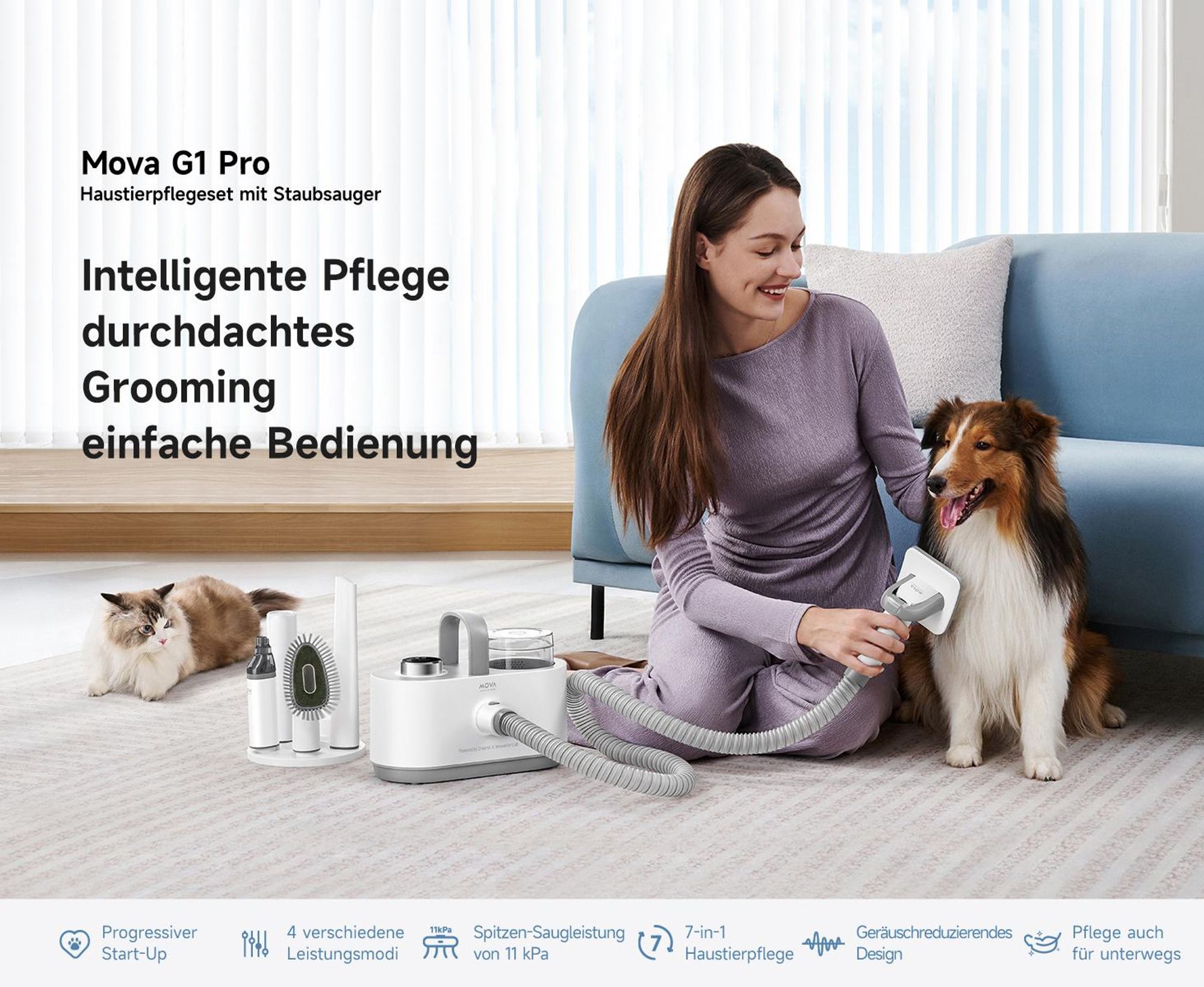 MOVA G1 Pro 7-in-1 Haustier-Pflegeset mit Staubsauger – Hund & Katzen Fellpflege, Haarschneider, Bürste & Leiser Staubsauger, 11 kPa, 4 Stufen