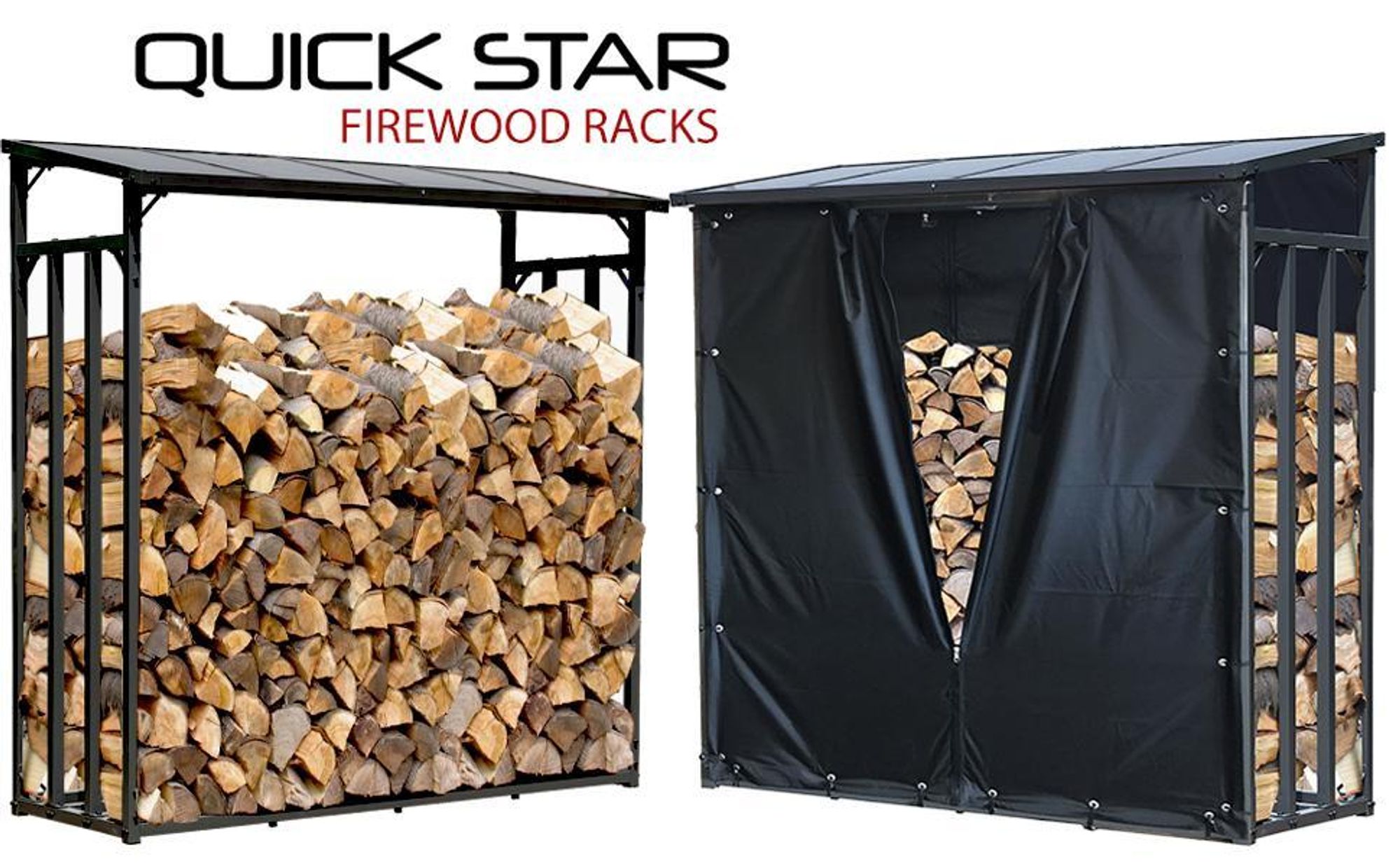 Headerbild mit mehreren QUICK STAR Kaminholzregalen in unterschiedlichen Größen aus Stahl und Aluminium, jeweils mit transparentem Polycarbonat-Dach, aufgestellt im Außenbereich zur wettergeschützten Lagerung von Brennholz.