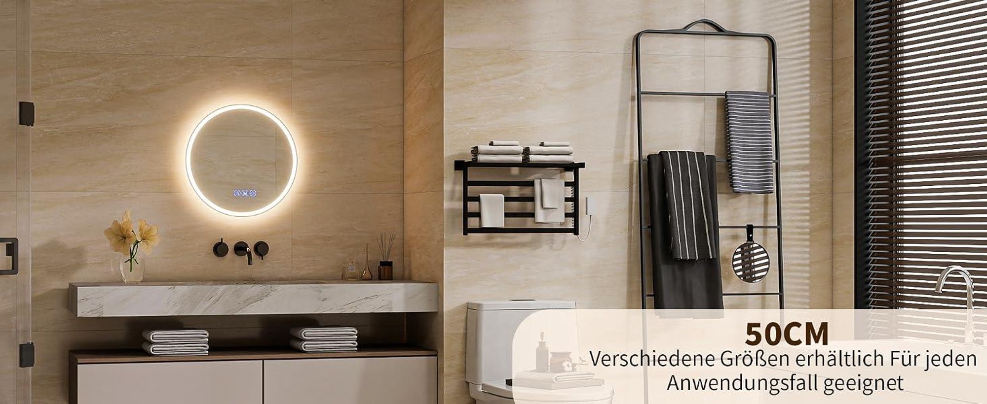 Koonmi runder LED Badspiegel 80 cm, dimmbar, Wandspiegel mit 3 Lichtfarben, Antibeschlagfunktion und bruchsicherem Glas für Badezimmer und Waschtisch