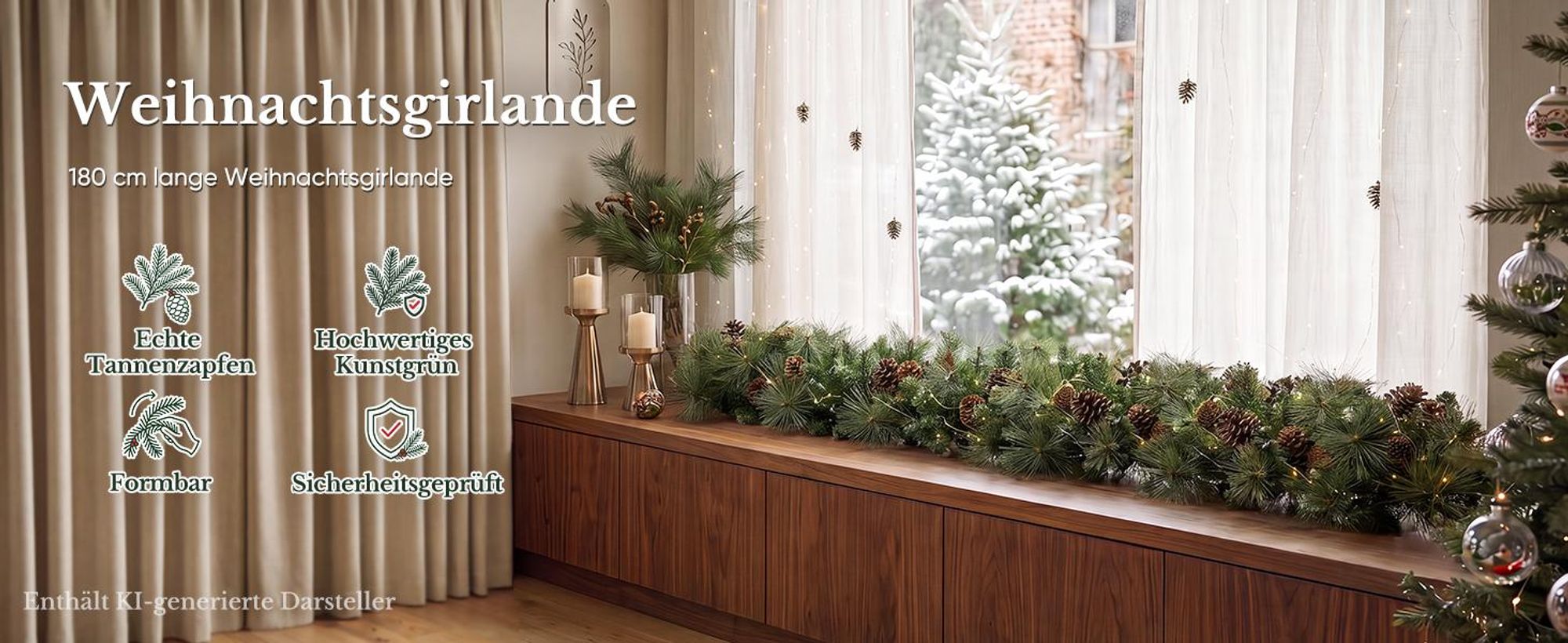 HOKEEPER Weihnachtsgirlande 180 cm mit grünen PVC-Nadeln & Zapfen