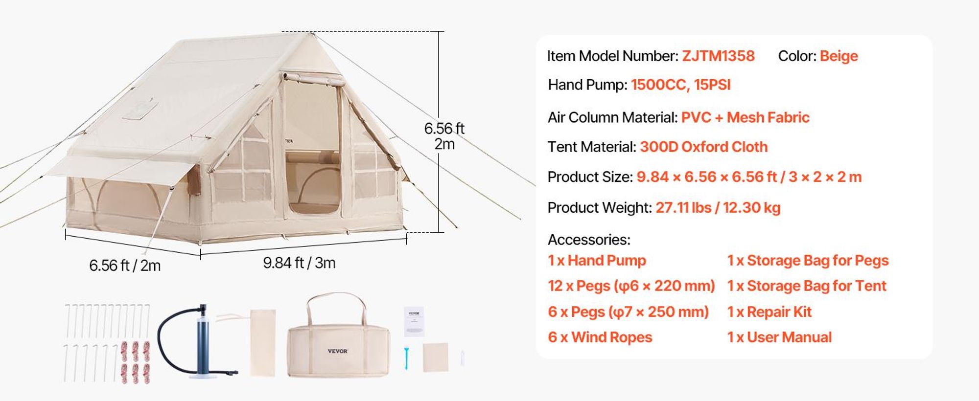 VEVOR Aufblasbare Zelte für Camping 3x2x2m, 3–5 Personen, 300D Oxford 4-Jahreszeiten 2 Türen & 2 Netzfenstern, inkl. Aufbewahrungstasche für Transport