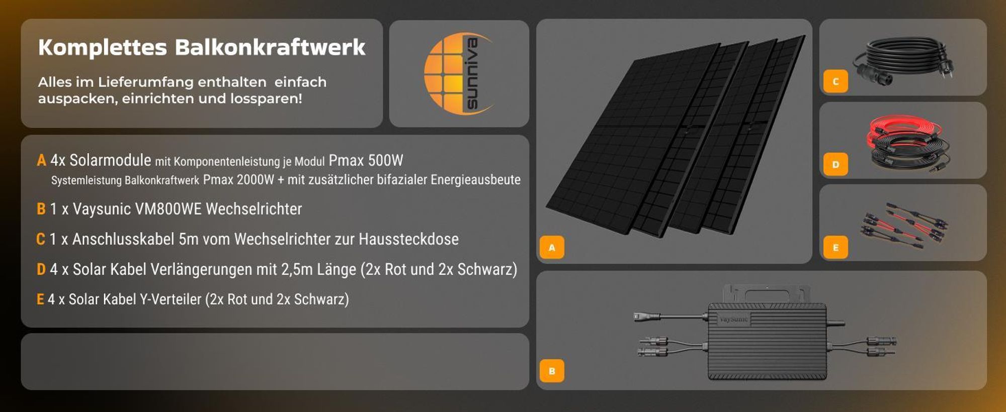 SUNNIVA 2000W Balkonkraftwerk BIFAZIAL FULLBLACK komplett Steckdose VAYSUNIC VM800WE-BE-P2 800W Wechselrichter, Solaranlage 4x500W Glas Solarmodule