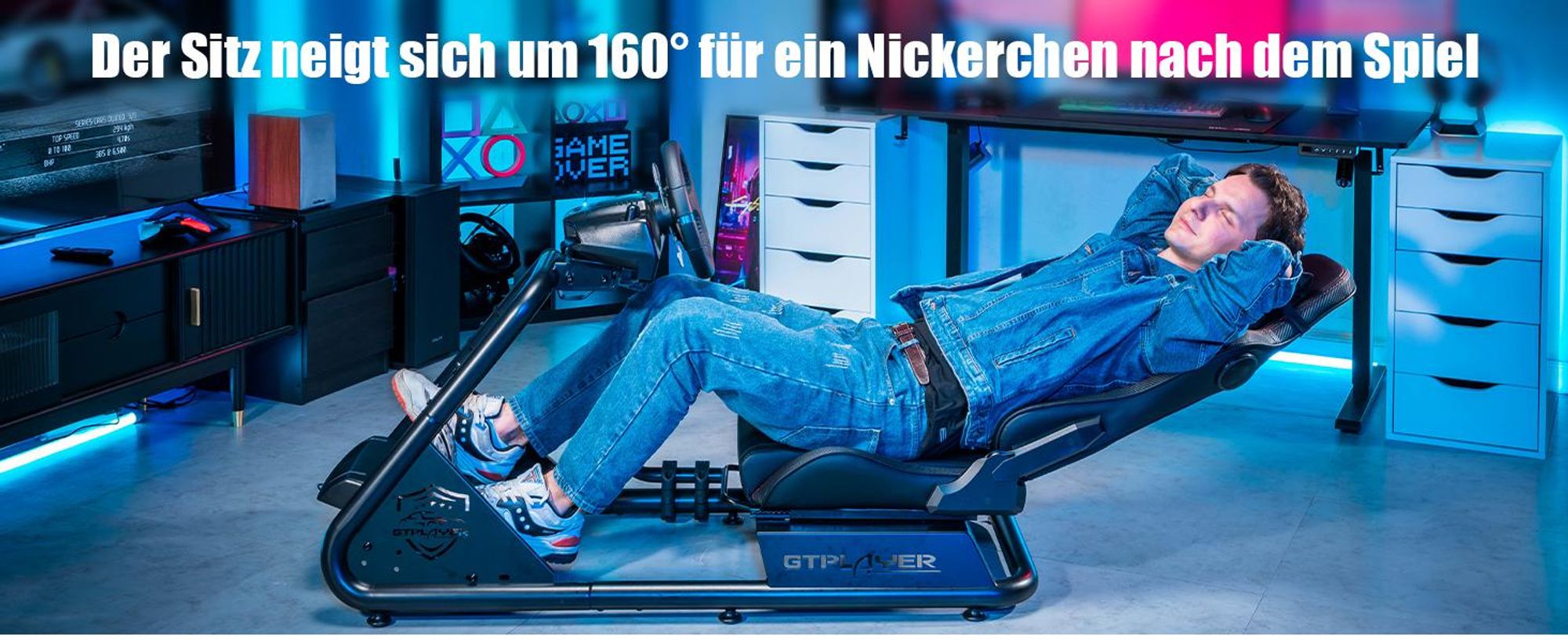 GTPLAYER Simulator Cockpit, SIM racing Cockpit, rennsimulator lenkradständer Gamingstuhl racing wheel stand mit Bluetooth-Lautsprecher und Pedalablage