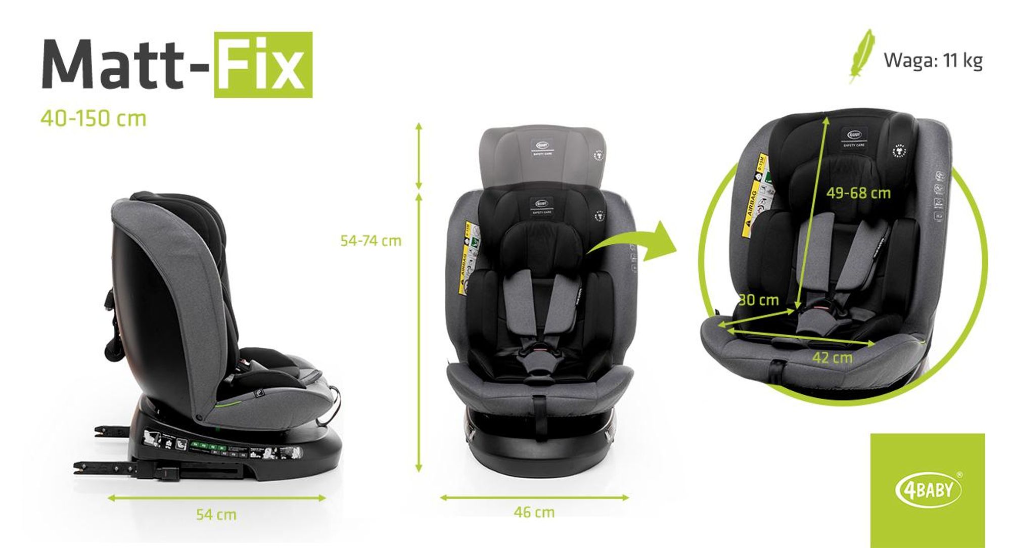 4BABY Kindersitz drehbar 360 ISOFIX Matt-Fix I-SIZE verstellbare Kopfstütze Sitz 0-36kg, 40-150 cm Graphite