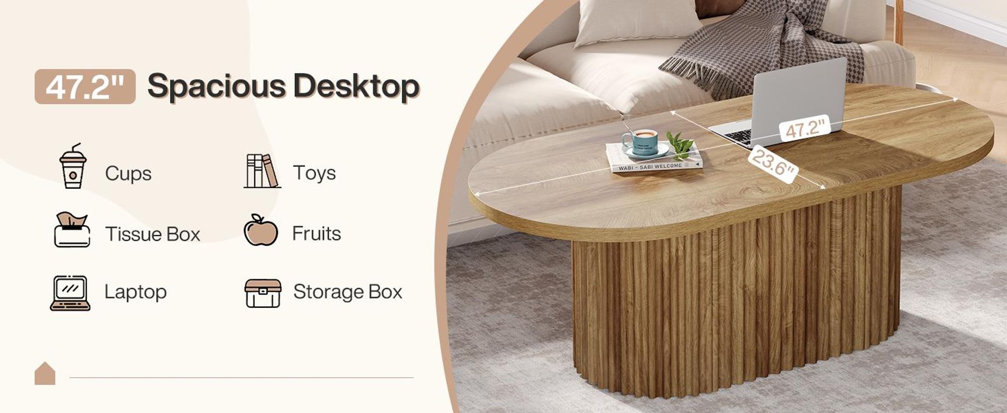 Tribesigns Ovaler Couchtisch, 120 cm großer Landhaus Couchtisch aus Holz mit geriffeltem Design, für Wohnzimmer, Büro, Wohnung, rustikales Braun