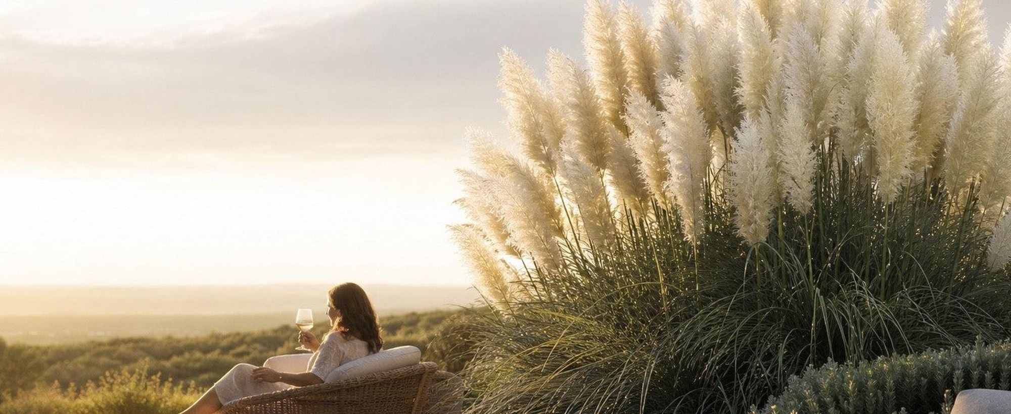 Weißes Pampasgras mit silbernen Wedeln neben Lounge-Ecke im Abendlicht, Resort-Stil