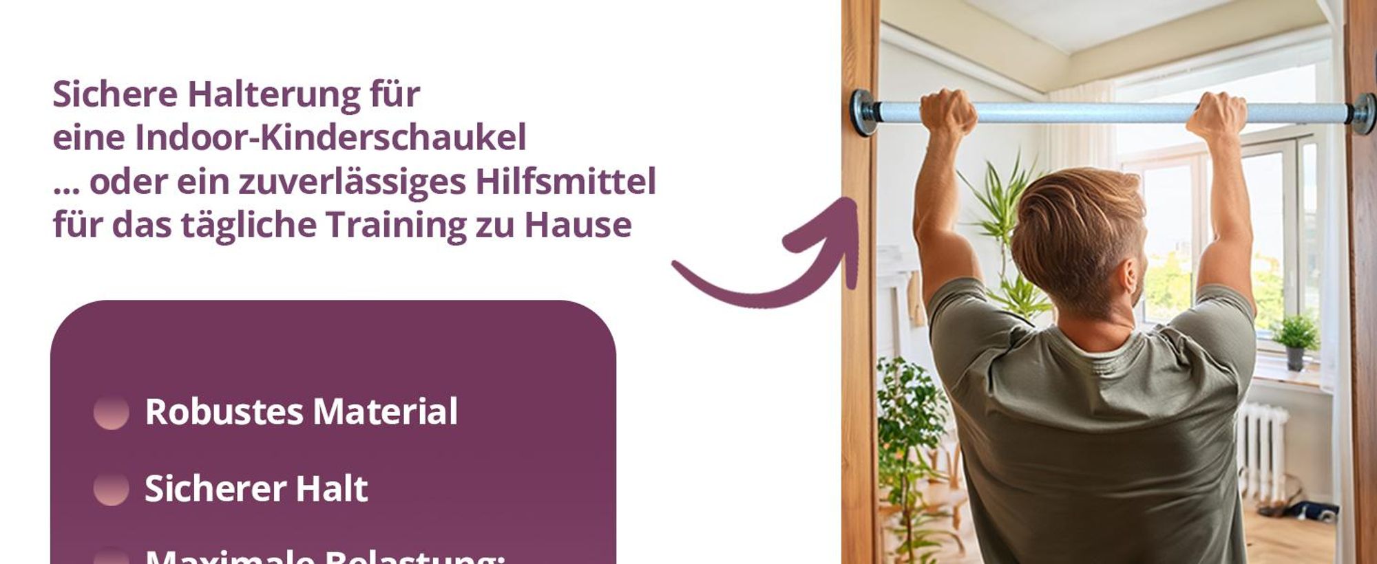 Create for you® - Klimmzugstange, für Türrahmen, mit Haken für Kinderschaukel - Fitnessgeräte für Zuhause - Montage ohne Bohren, Weiß - 70cm