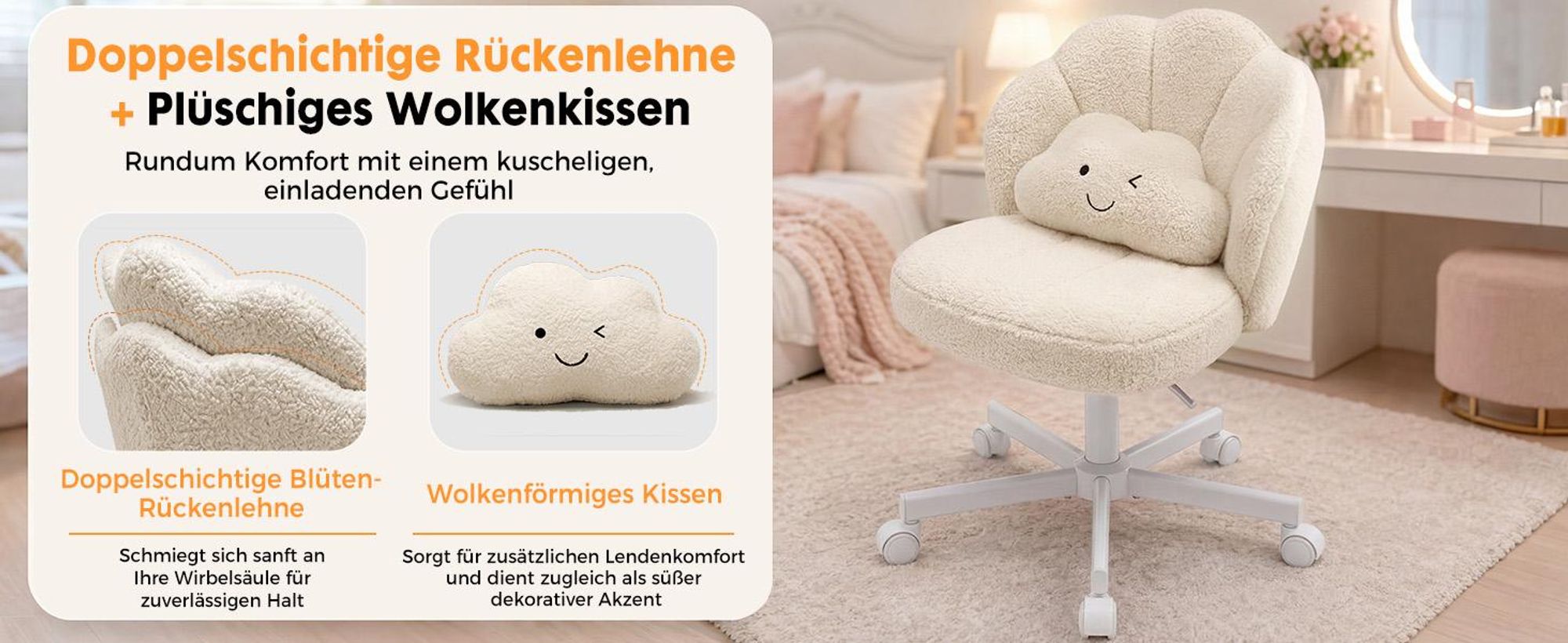 COMHOMA Bürostuhl Schreibtischstuhl, Schminkstuhl mit Rollen Doppelter Rückenlehne und Wolkenkissen, Höhenverstellbarer Drehstuhl, Teddystoff, Beige