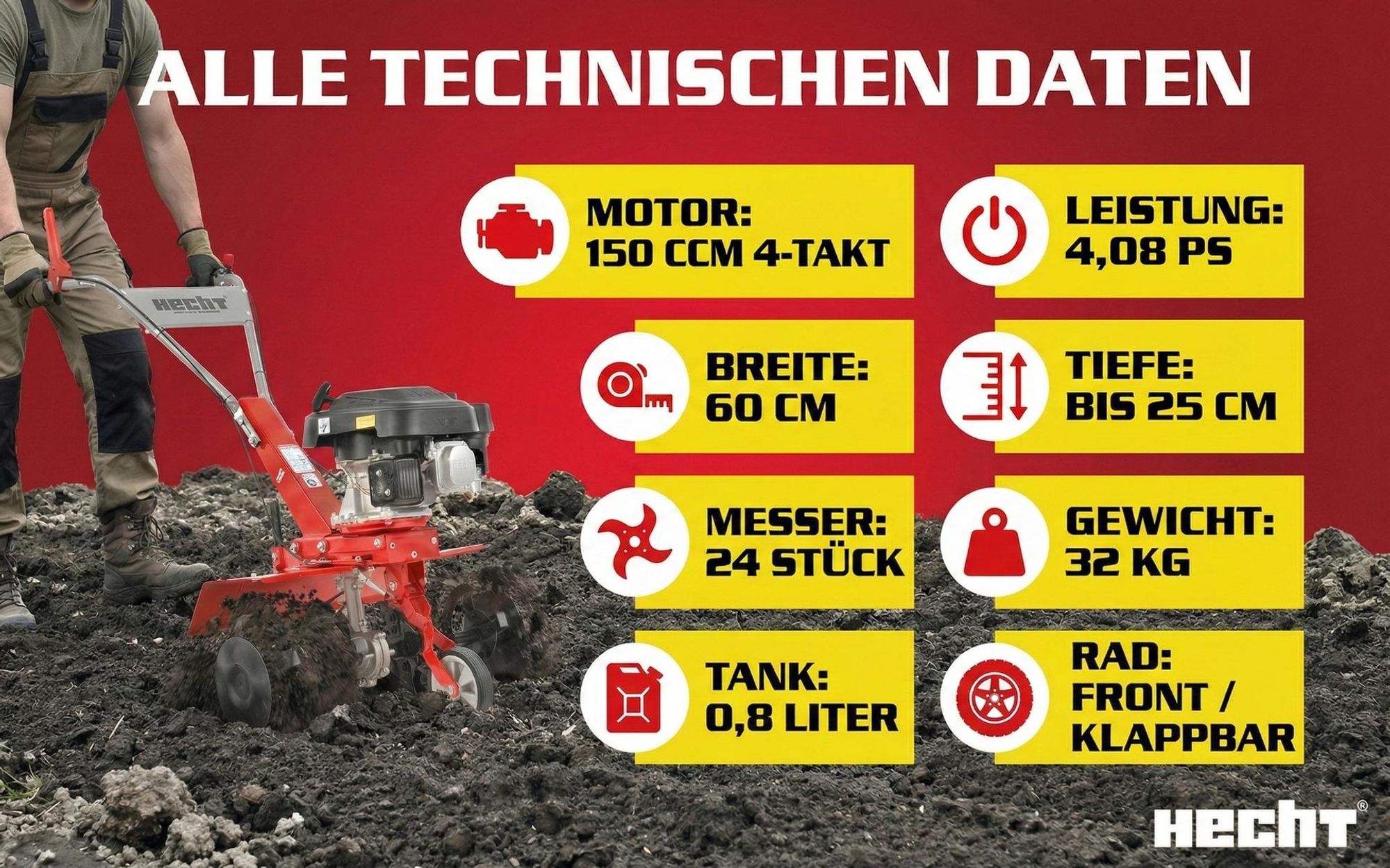 Motorhacke Gartenfräse Benzin HECHT 747 | 60 cm Arbeitsbreite | 25 Arbeitstiefe | 3kW / 4,08PS | 173 cm³ | Führungsrad
