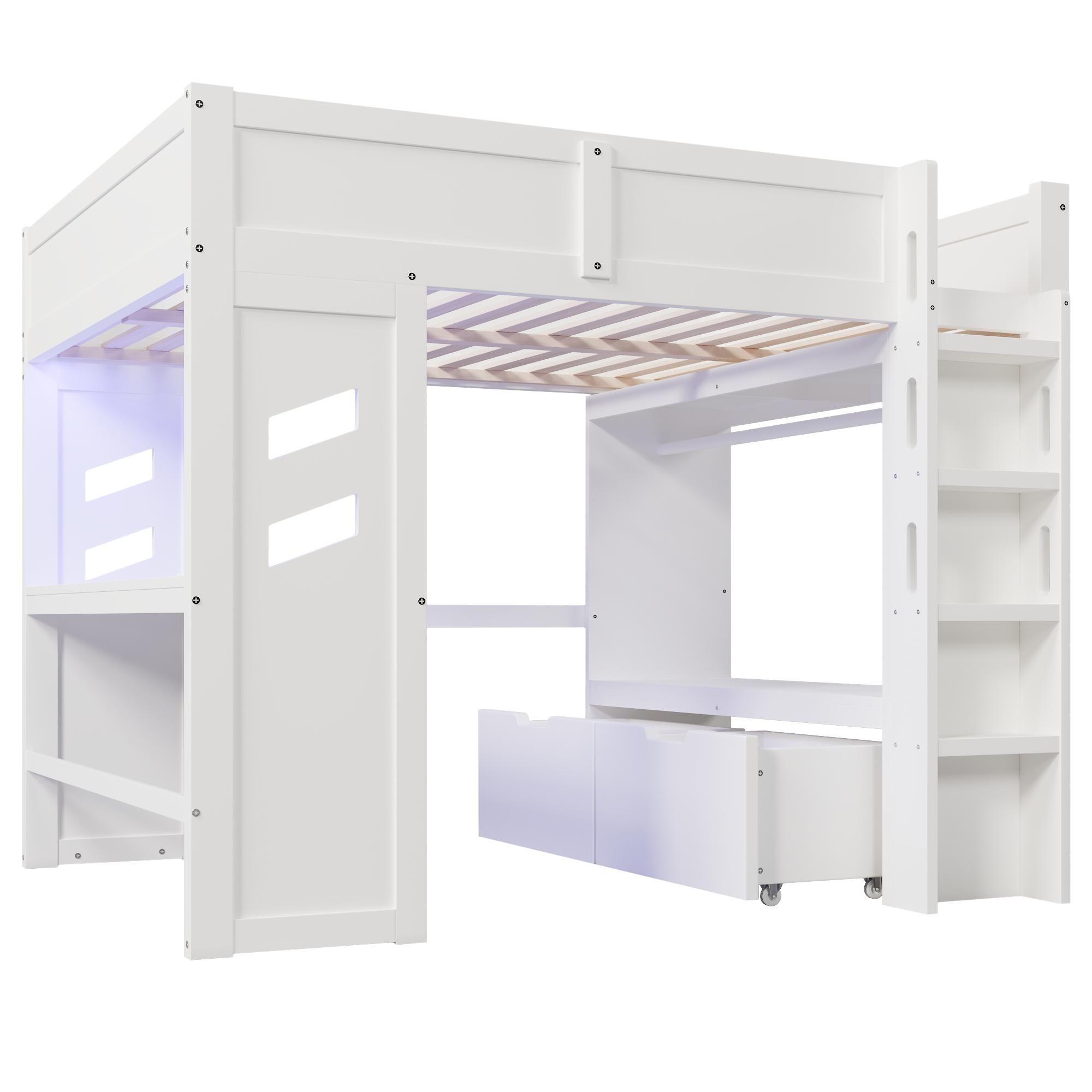 Flieks Etagenbett 140x200cm mit Schreibtisch und Ladefunktion, Kinder Hochbett mit Led, Kinderbett Doppelbett mit Stange und Schubladen, Weiß