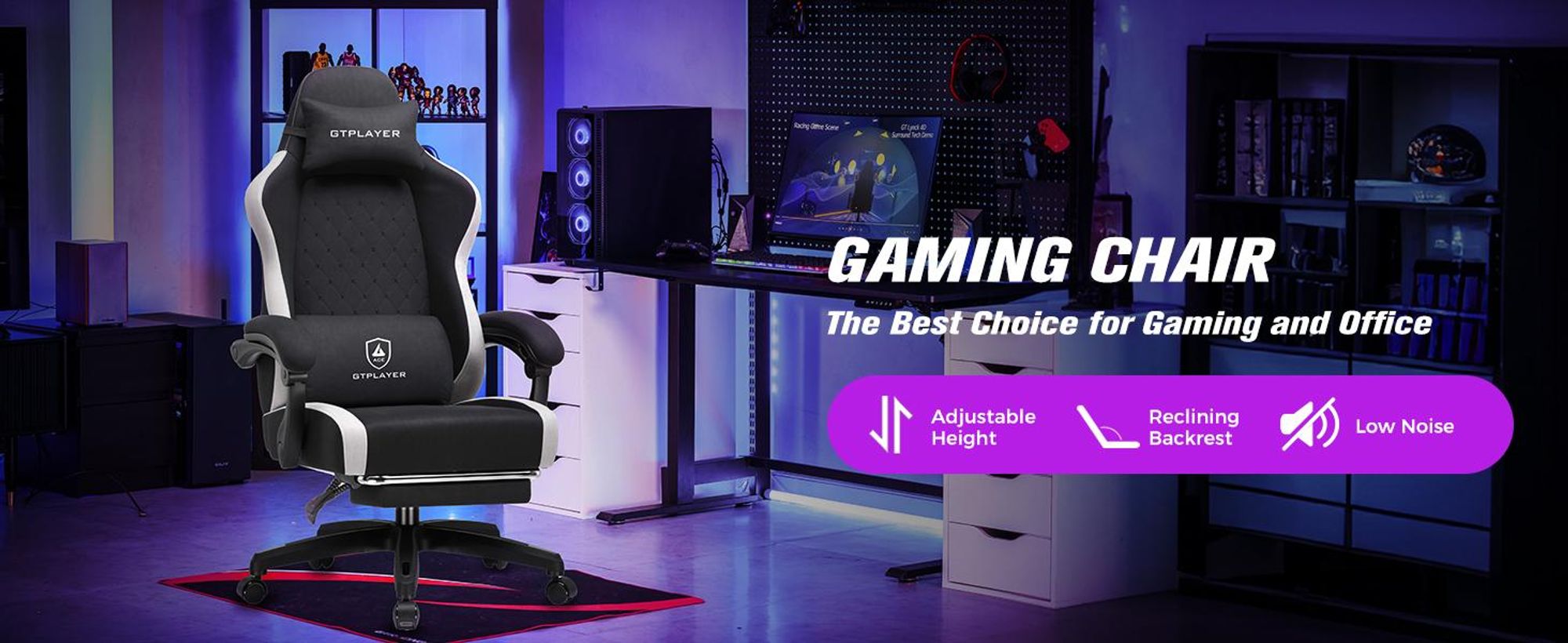 GTPLAYER herné kreslo Ergonomické herné kreslo Stolová stolička Pretekárske kreslo pre hráčov PC s textilným povrchom, perový sedák s opierkou na nohy čierna