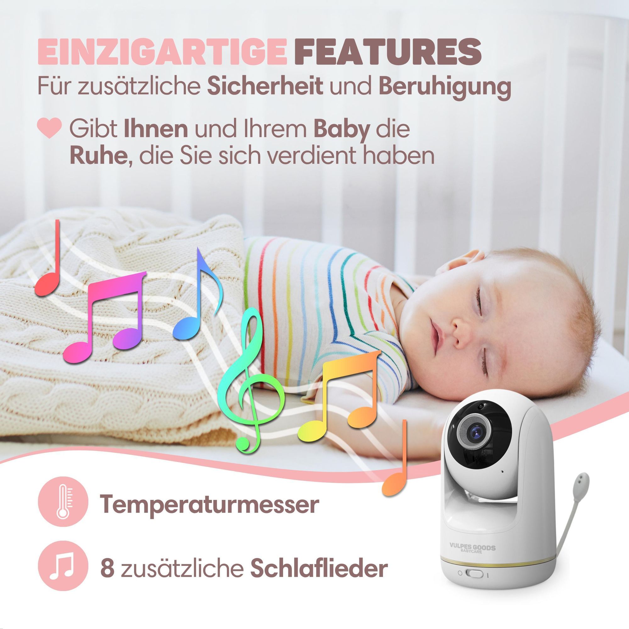 Vulpes Goods Babyphone mit Kamera, Babyphone mit Geräuscherkennung, 5" FULL HD Bildschirm, Ferngesteuert, Infrarot-Nachtsichtkamera